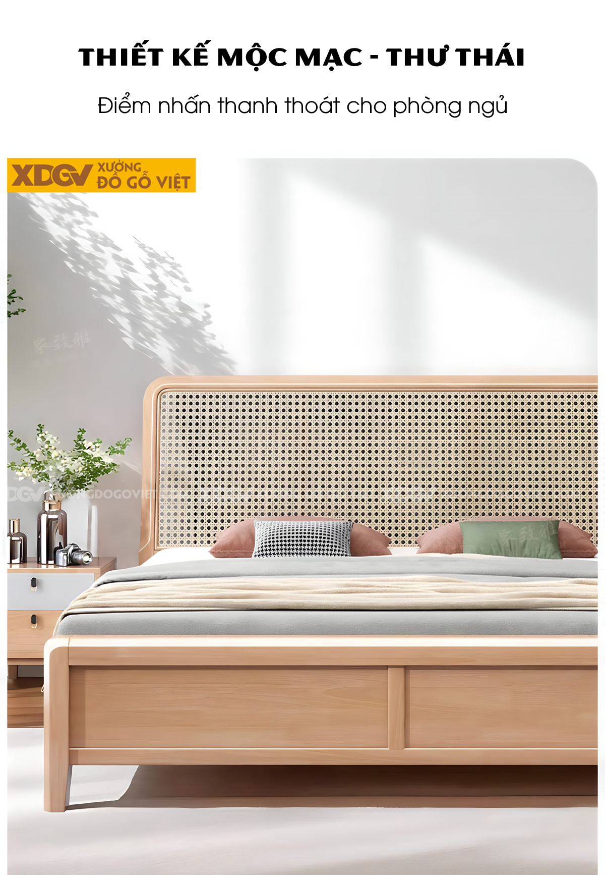 Giường Ngủ Gỗ Cao Su Tự Nhiên Đầu Đan Mây Caro Bo Góc
