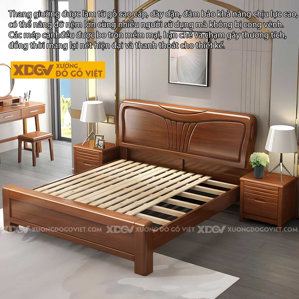 Giường Ngủ Gõ Đỏ Á Đông Đầu Chạm Khắc Hình Rẻ Quạt Cách Điệu