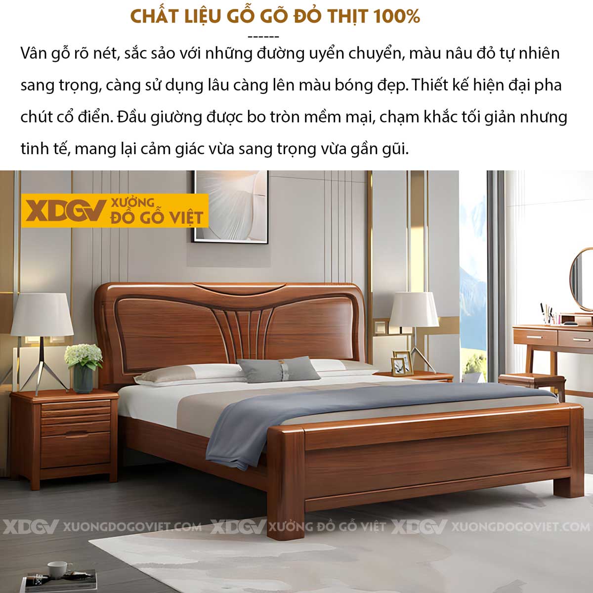 Giường Ngủ Gõ Đỏ Á Đông Đầu Chạm Khắc Hình Rẻ Quạt Cách Điệu