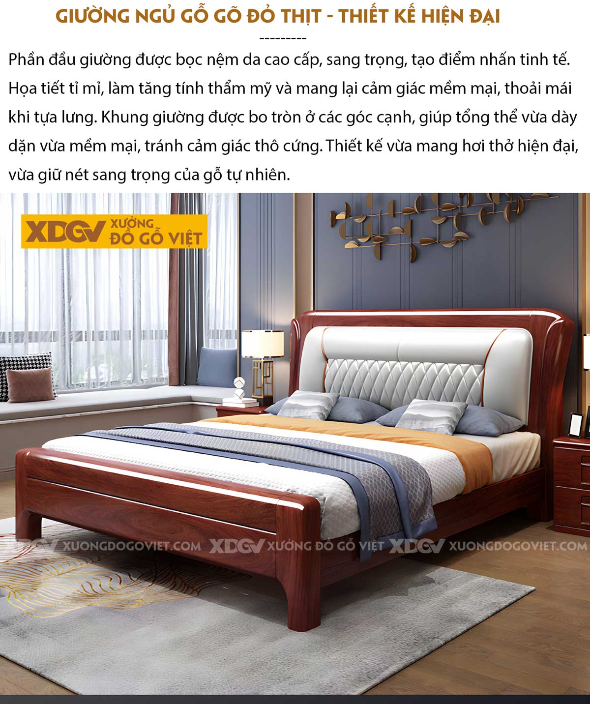 Giường Ngủ Gõ Đỏ Đẹp Gỗ Dày Đầu Bọc Nệm Họa Tiết Quả Trám
