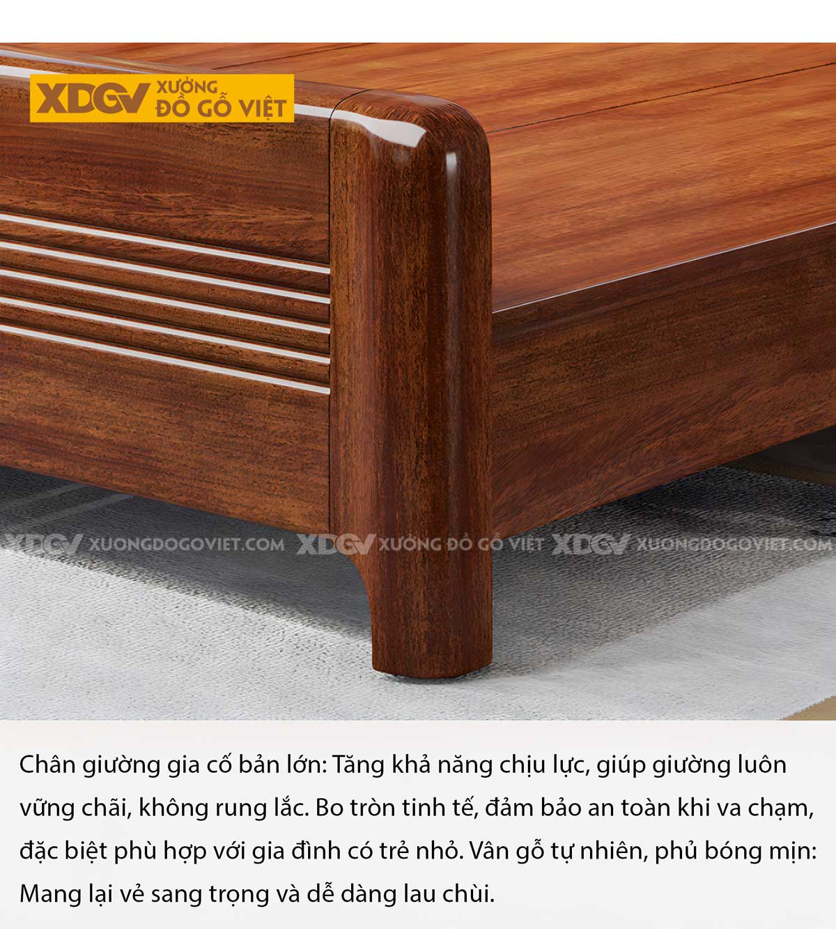 Giường Ngủ Gõ Đỏ Sang Trọng Bo Góc Tròn Kẻ Rãnh Nghệ Thuật