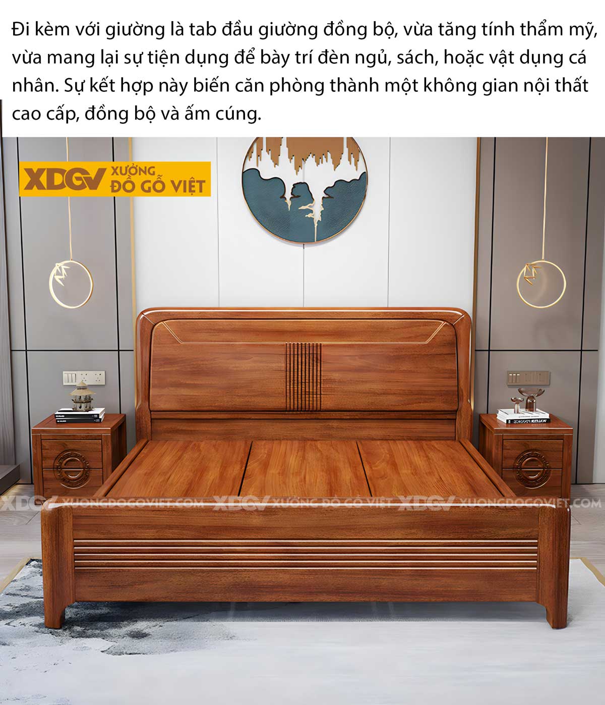 Giường Ngủ Gõ Đỏ Sang Trọng Bo Góc Tròn Kẻ Rãnh Nghệ Thuật