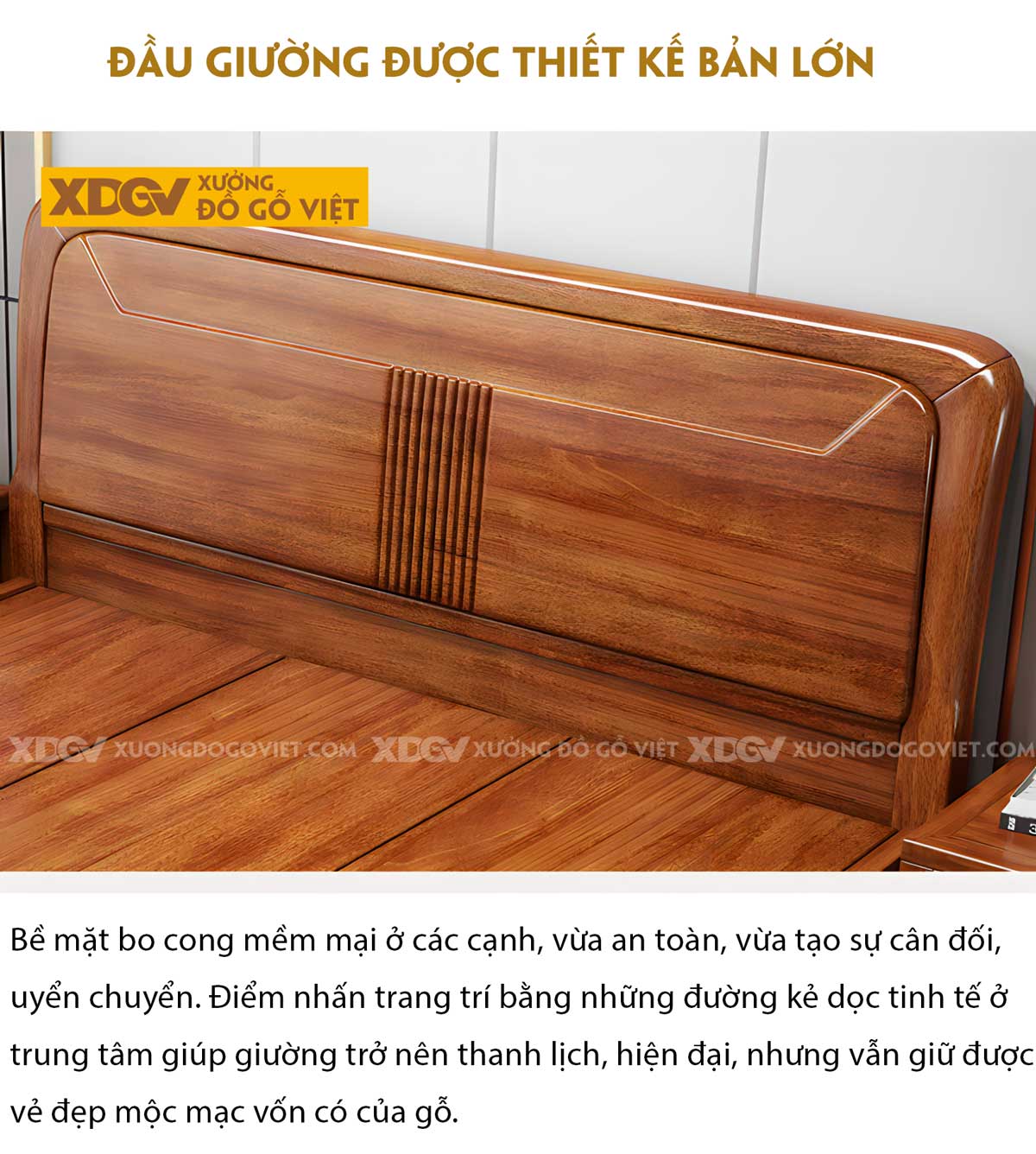 Giường Ngủ Gõ Đỏ Sang Trọng Bo Góc Tròn Kẻ Rãnh Nghệ Thuật