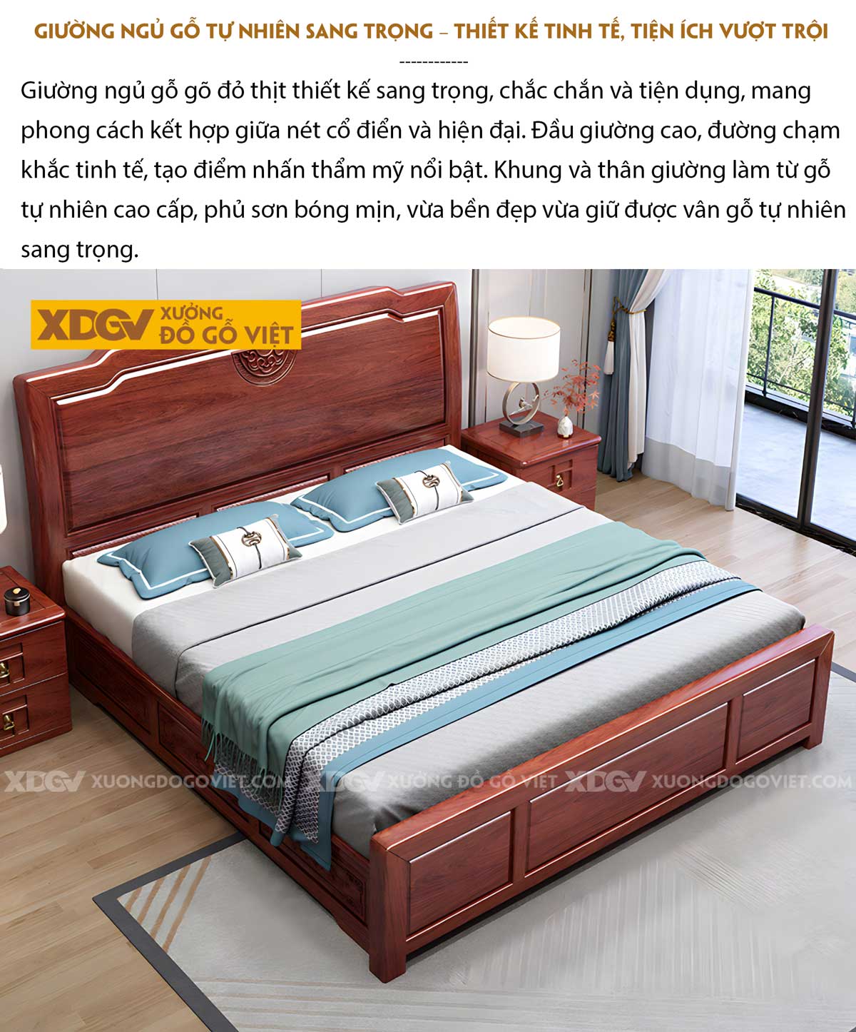 Giường Ngủ Gỗ Gõ Đỏ Á Đông Kết Cấu Pano Họa Tiết Vân Mây