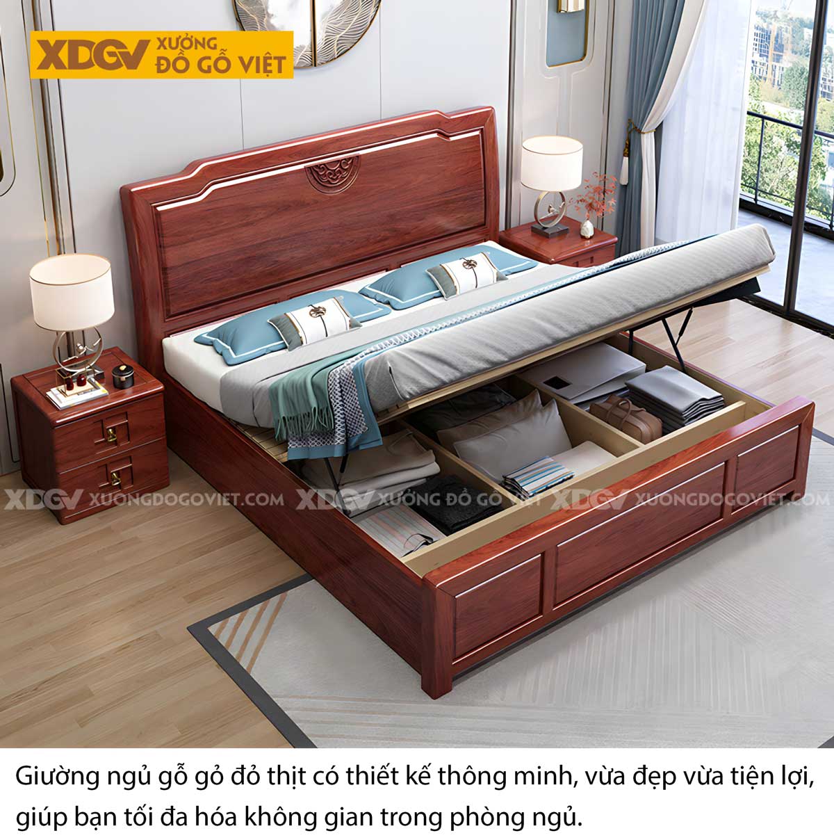 Giường Ngủ Gỗ Gõ Đỏ Á Đông Kết Cấu Pano Họa Tiết Vân Mây