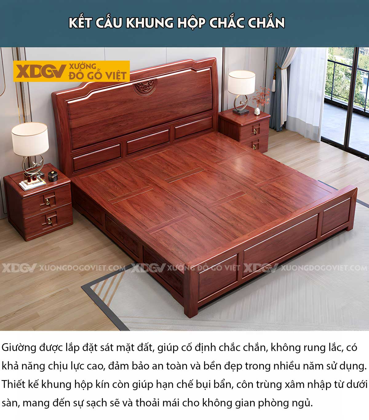 Giường Ngủ Gỗ Gõ Đỏ Á Đông Kết Cấu Pano Họa Tiết Vân Mây
