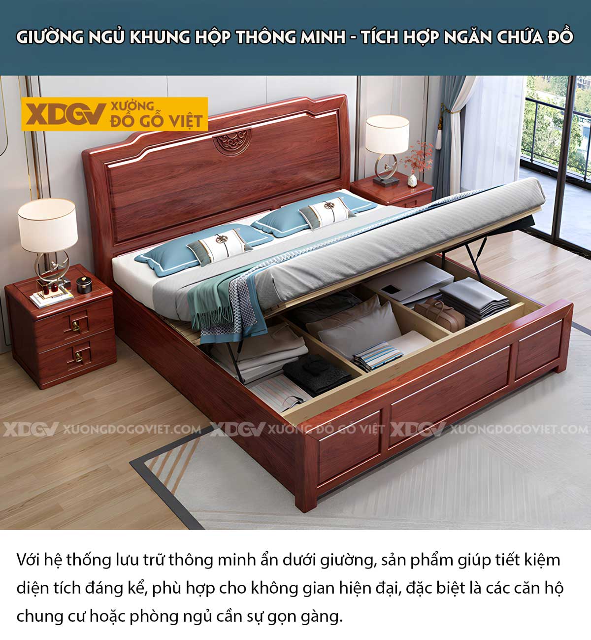 Giường Ngủ Gỗ Gõ Đỏ Á Đông Kết Cấu Pano Họa Tiết Vân Mây