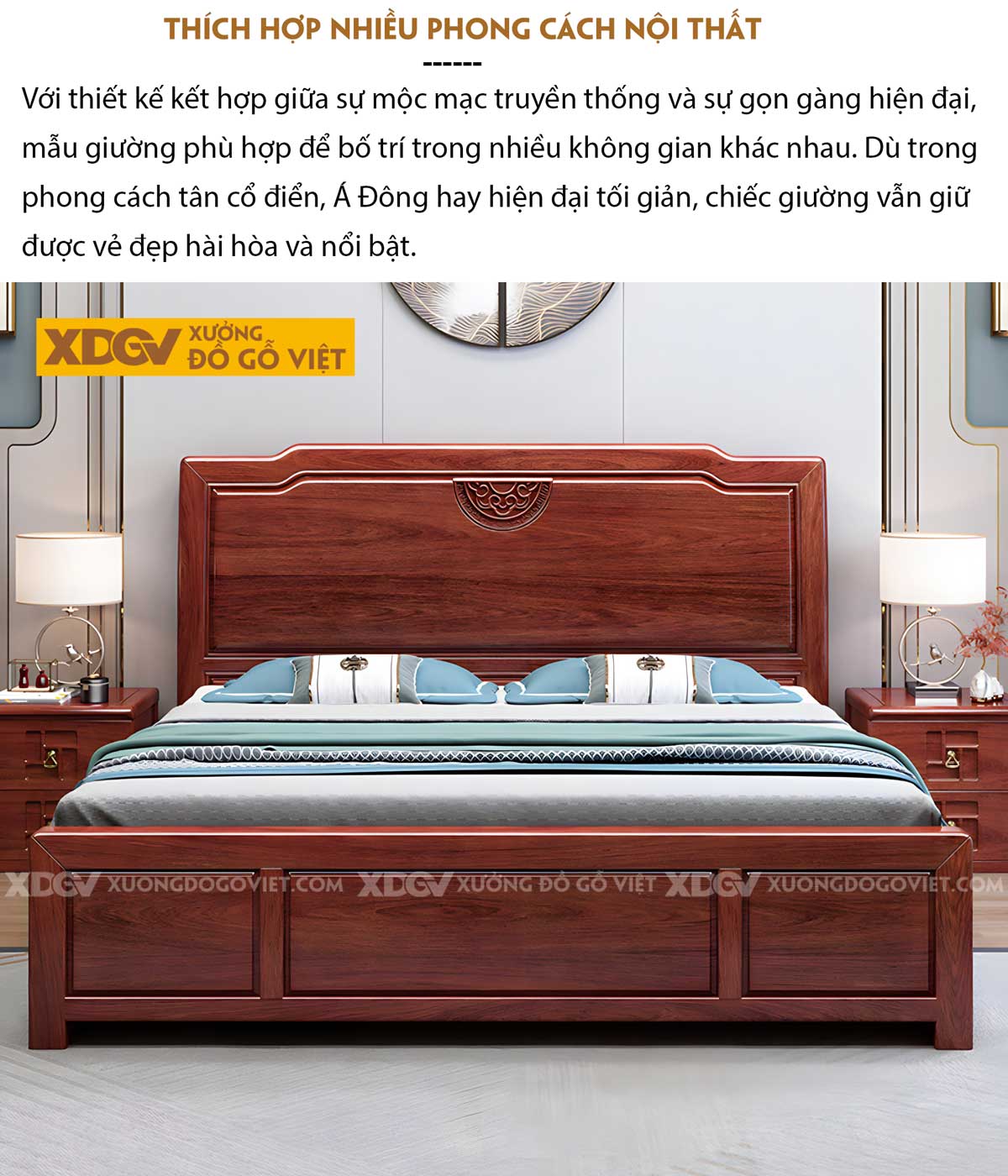 Giường Ngủ Gỗ Gõ Đỏ Á Đông Kết Cấu Pano Họa Tiết Vân Mây
