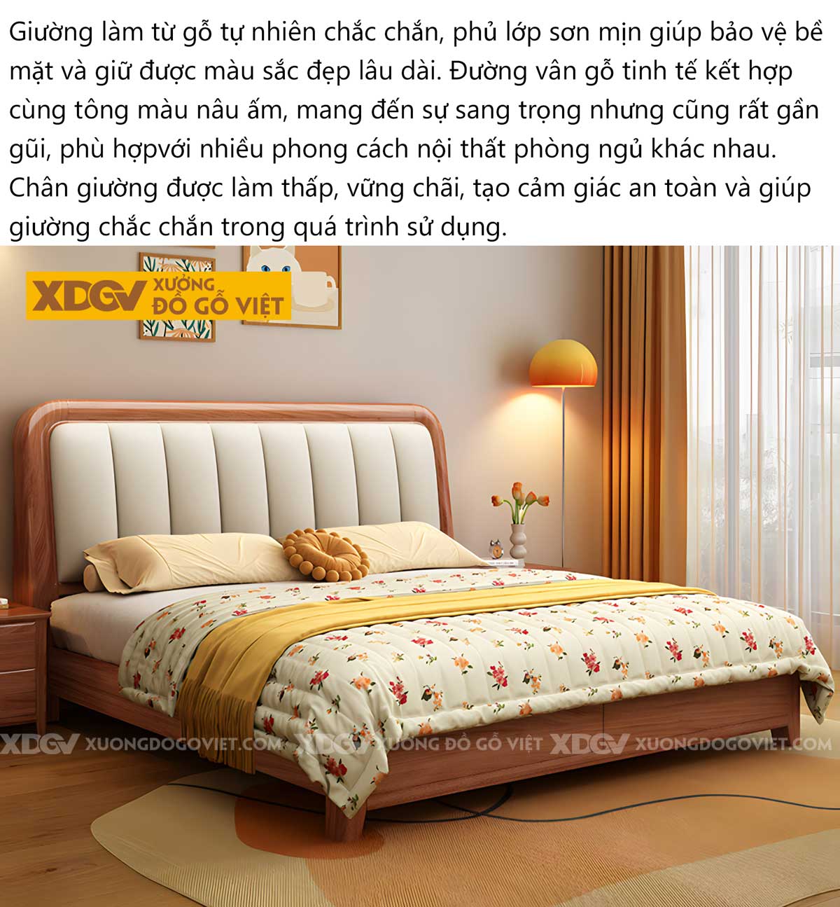 Giường Ngủ Gỗ Gõ Đỏ Chân Thấp Đầu Bo Cong Bọc Nệm Múi Dọc
