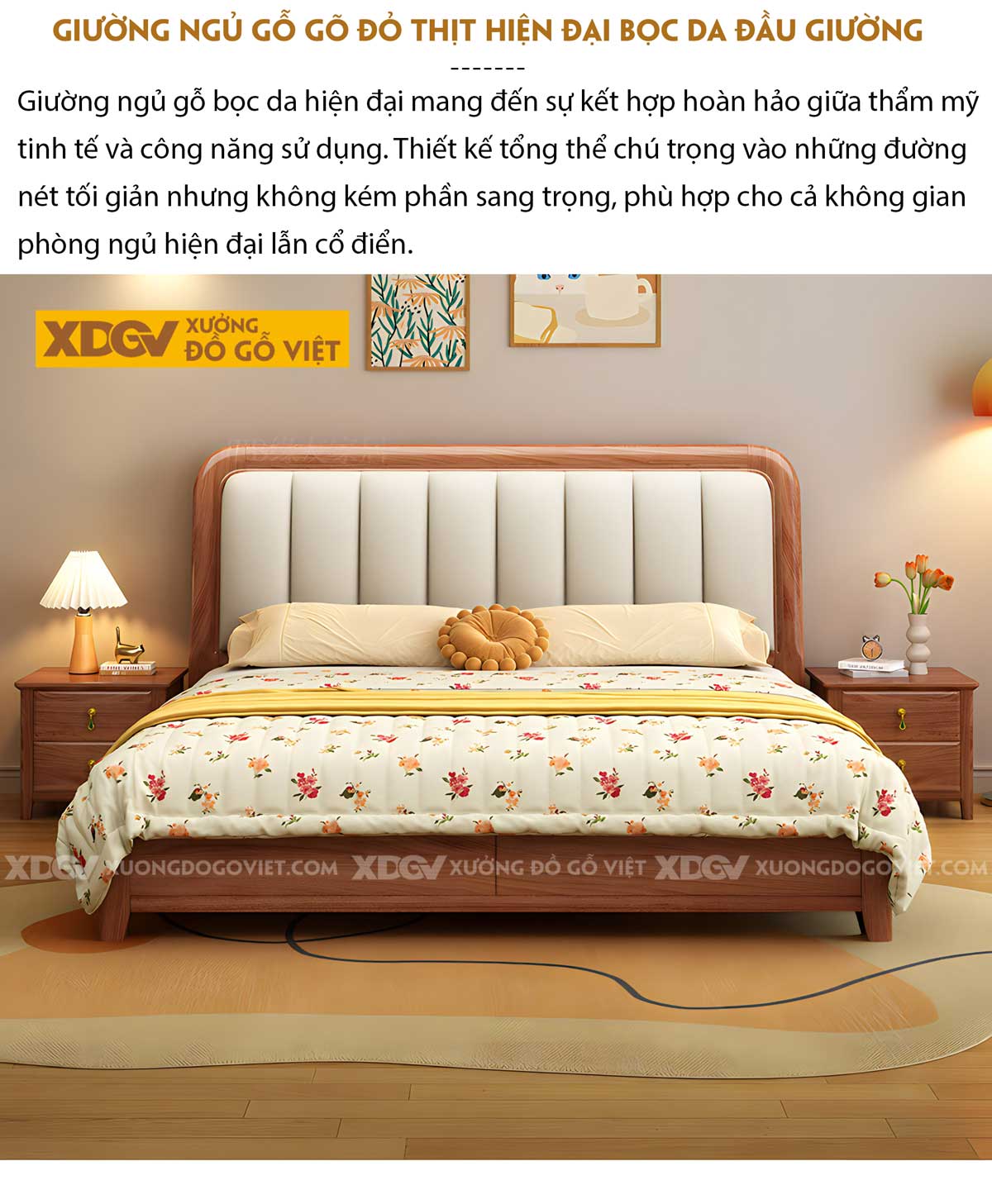 Giường Ngủ Gỗ Gõ Đỏ Chân Thấp Đầu Bo Cong Bọc Nệm Múi Dọc
