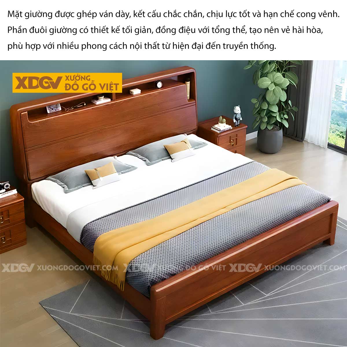 Giường Ngủ Gỗ Gõ Đỏ Đẹp Góc Bo Tròn Đầu Kẻ Chỉ Kệ Âm 2 Ngăn