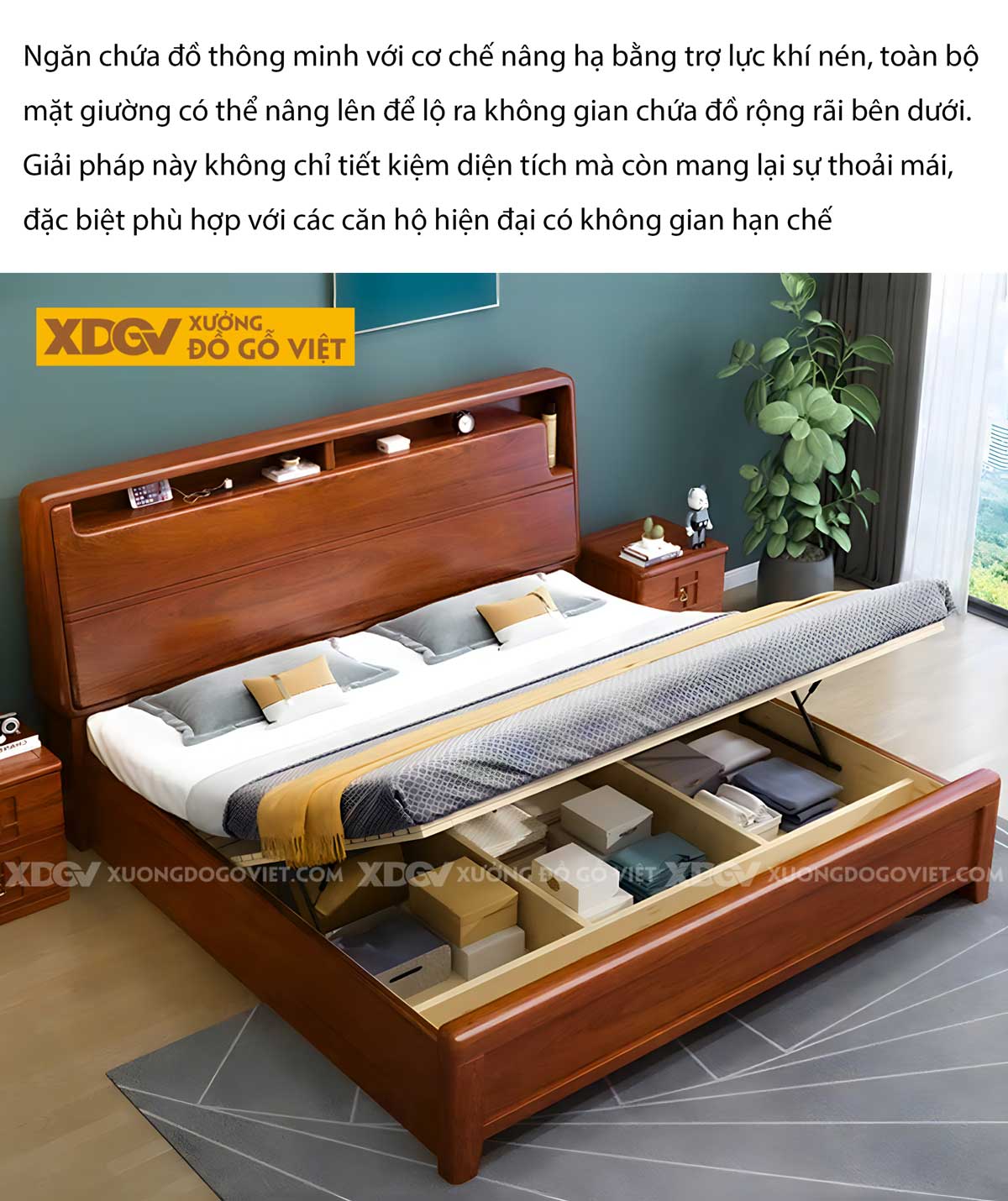 Giường Ngủ Gỗ Gõ Đỏ Đẹp Góc Bo Tròn Đầu Kẻ Chỉ Kệ Âm 2 Ngăn