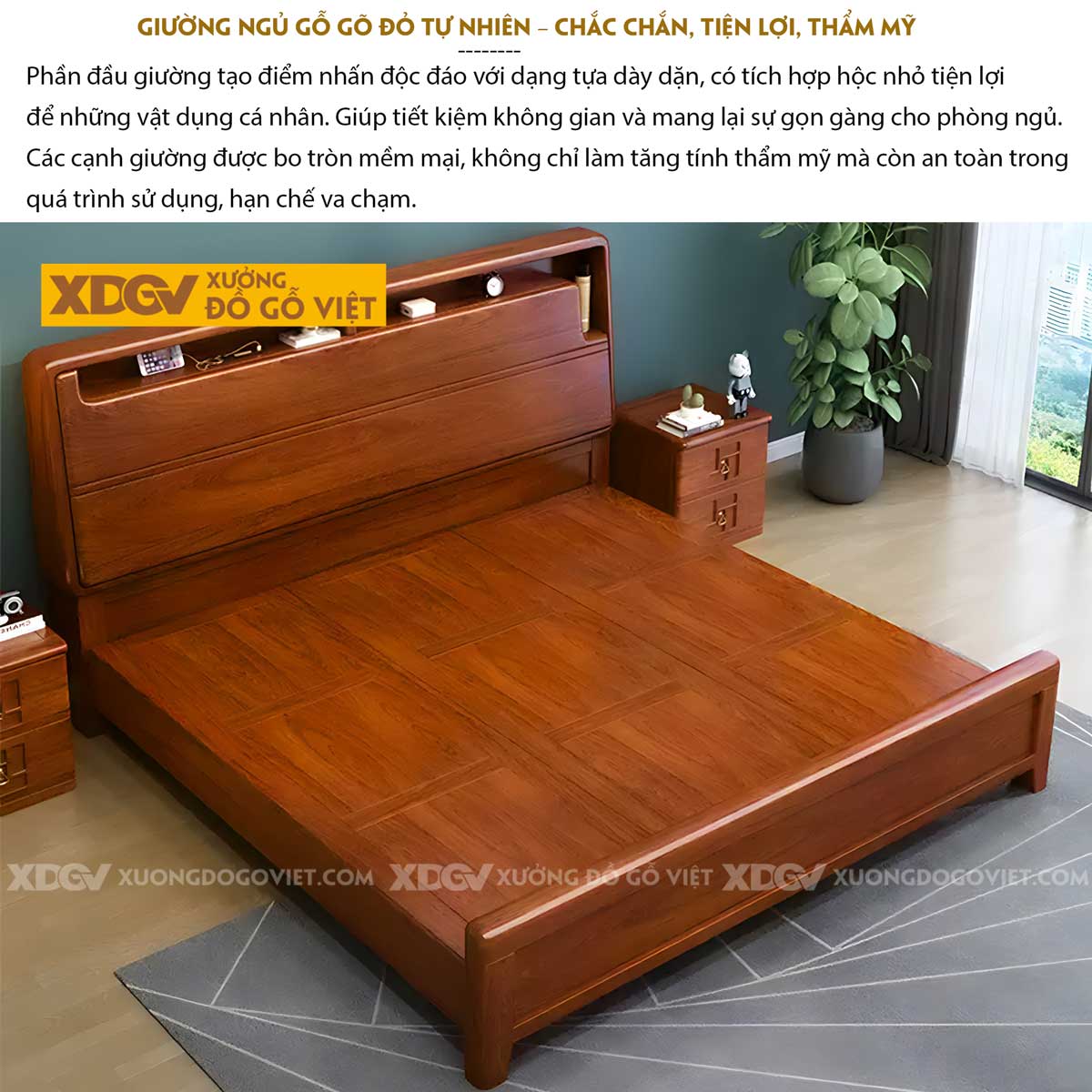 Giường Ngủ Gỗ Gõ Đỏ Đẹp Góc Bo Tròn Đầu Kẻ Chỉ Kệ Âm 2 Ngăn