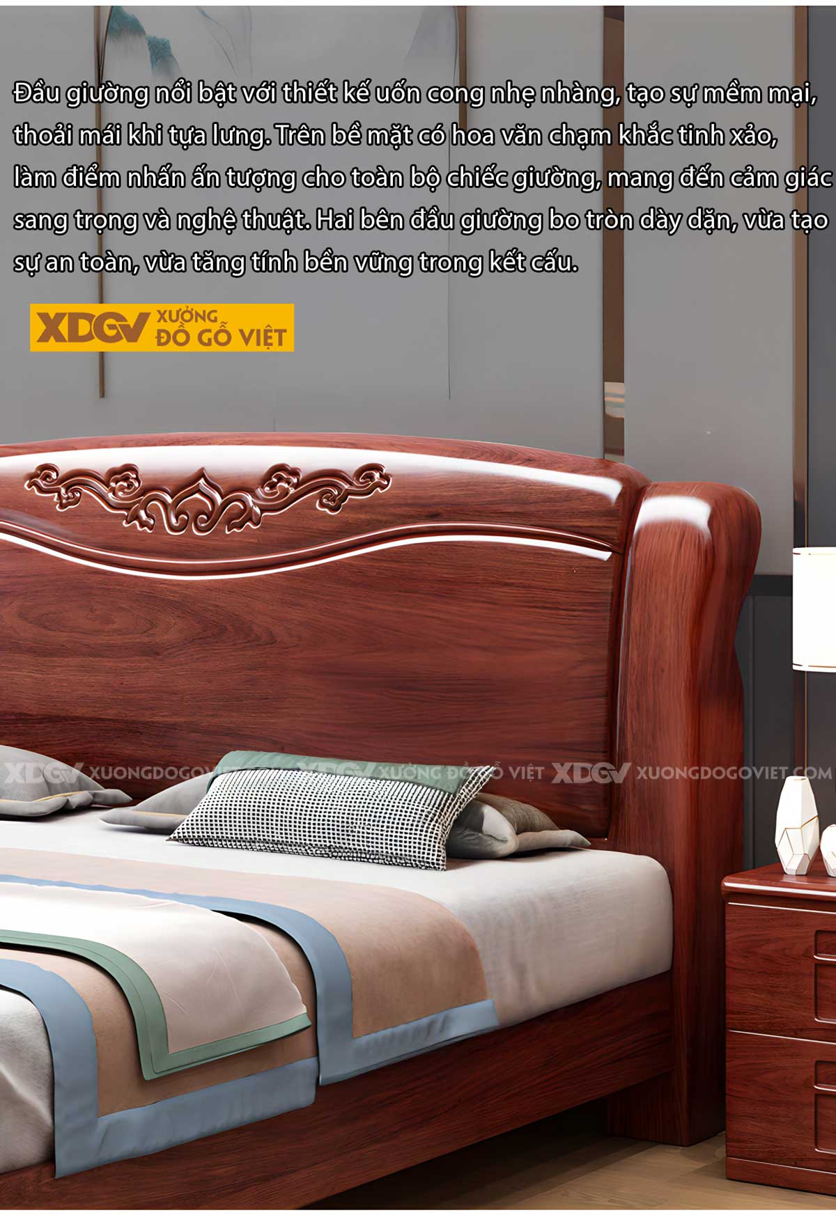 Giường Ngủ Gỗ Gõ Đỏ Kẻ Chỉ Lượn Sóng Chạm Khắc Hoa Lá Tây
