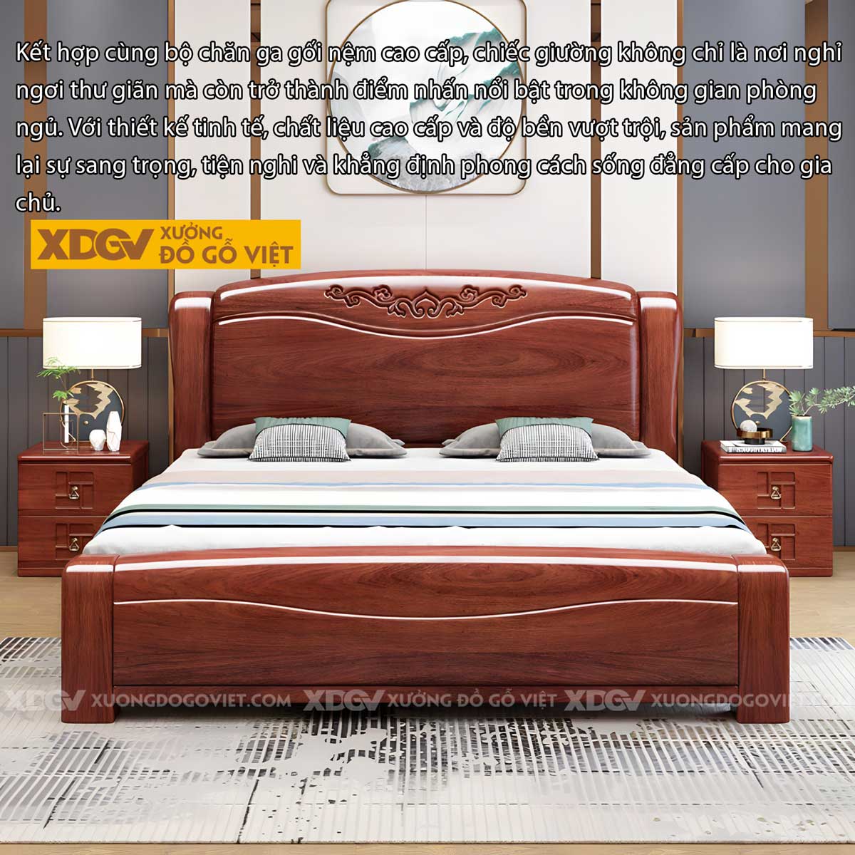 Giường Ngủ Gỗ Gõ Đỏ Kẻ Chỉ Lượn Sóng Chạm Khắc Hoa Lá Tây