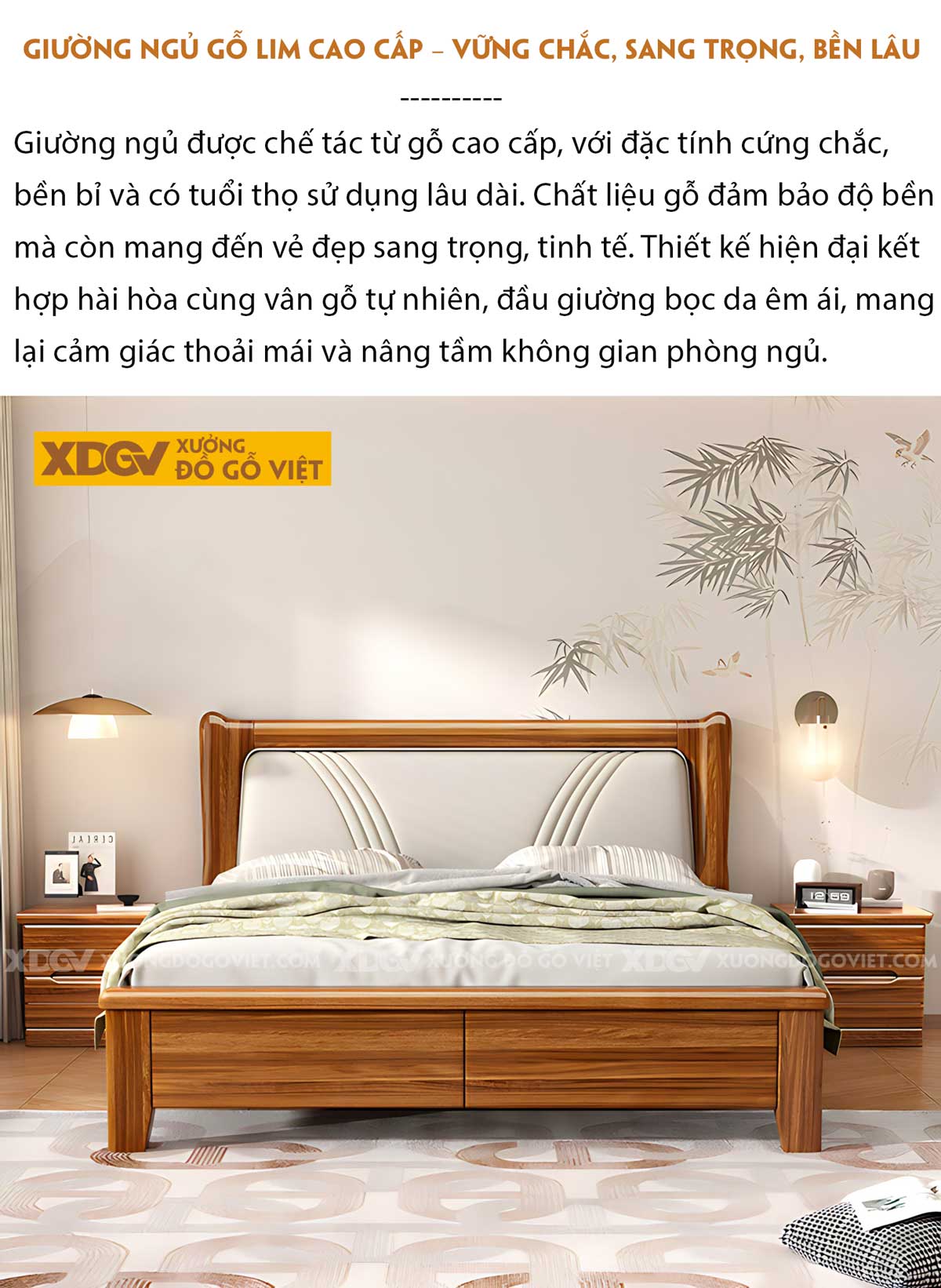 Giường Ngủ Gỗ Lim Đầu Bọc Nệm Chỉ Nổi Đối Xứng Sang Trọng