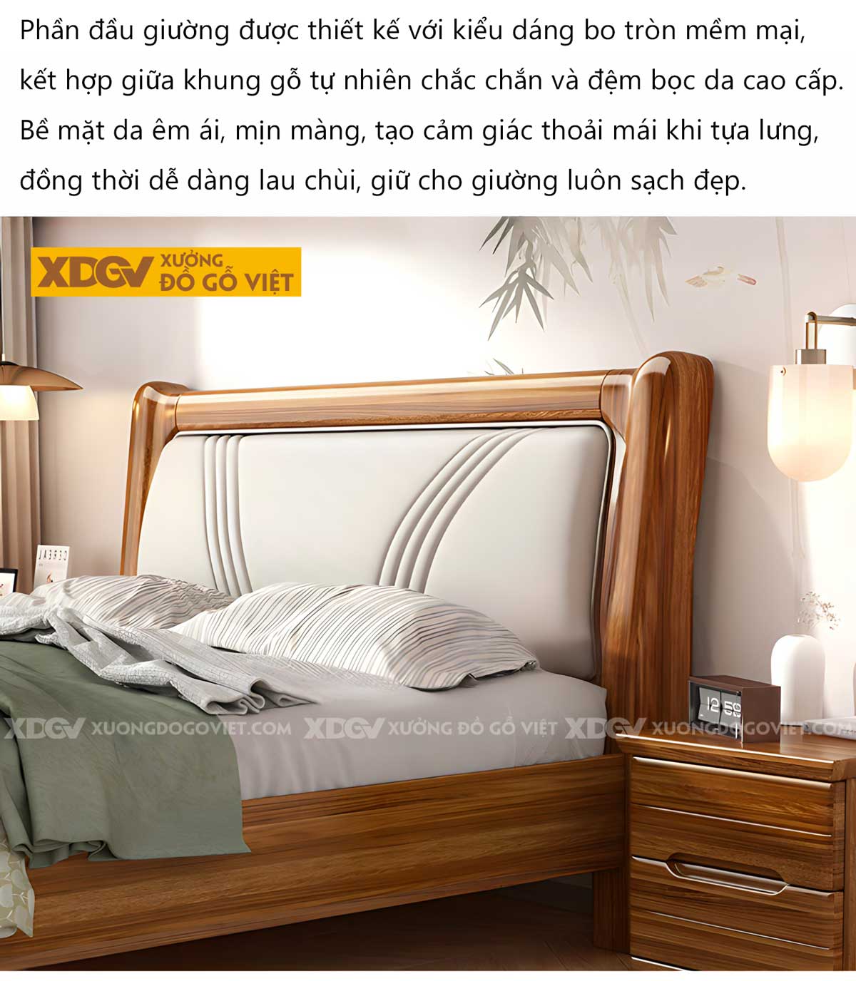 Giường Ngủ Gỗ Lim Đầu Bọc Nệm Chỉ Nổi Đối Xứng Sang Trọng