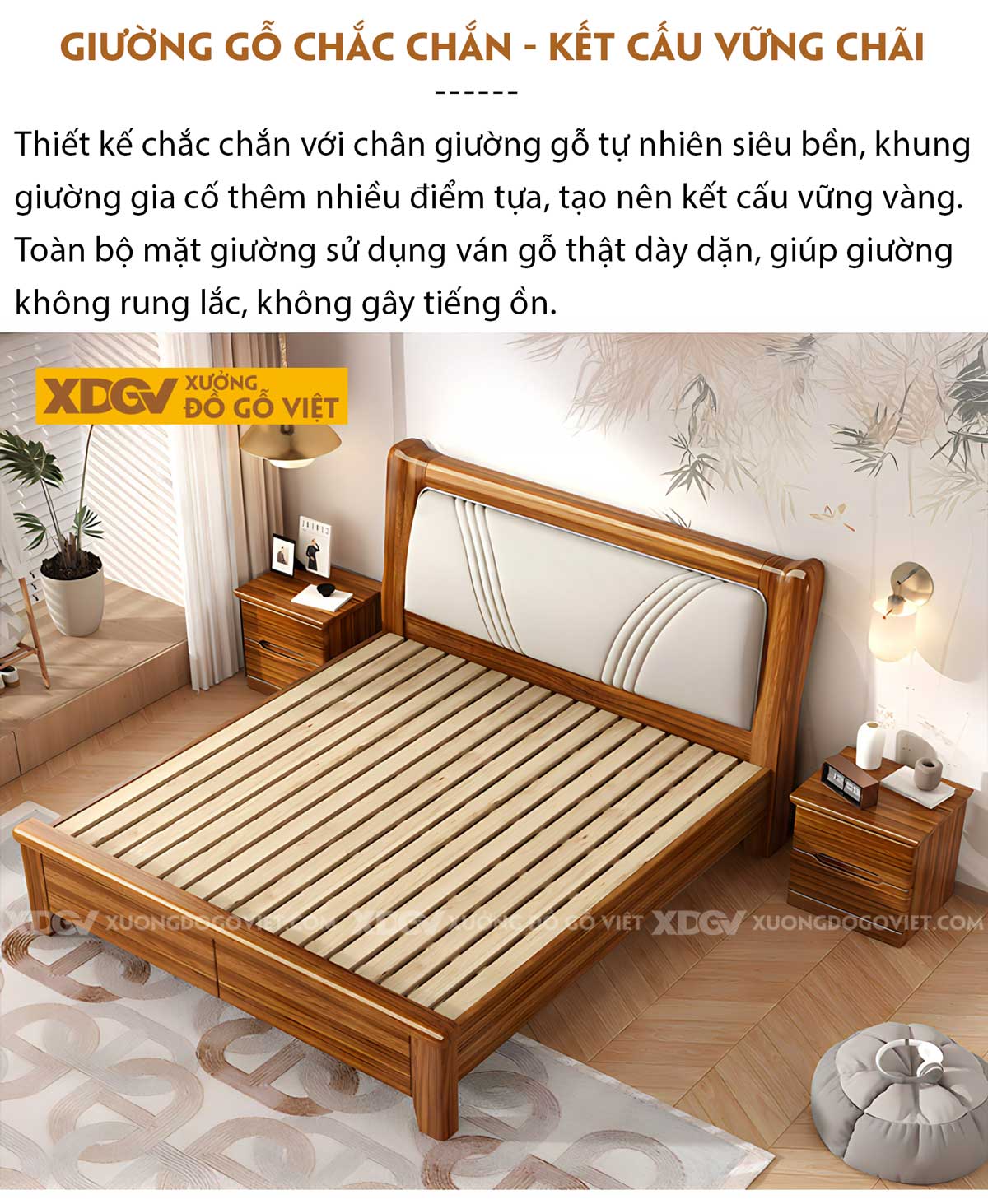 Giường Ngủ Gỗ Lim Đầu Bọc Nệm Chỉ Nổi Đối Xứng Sang Trọng
