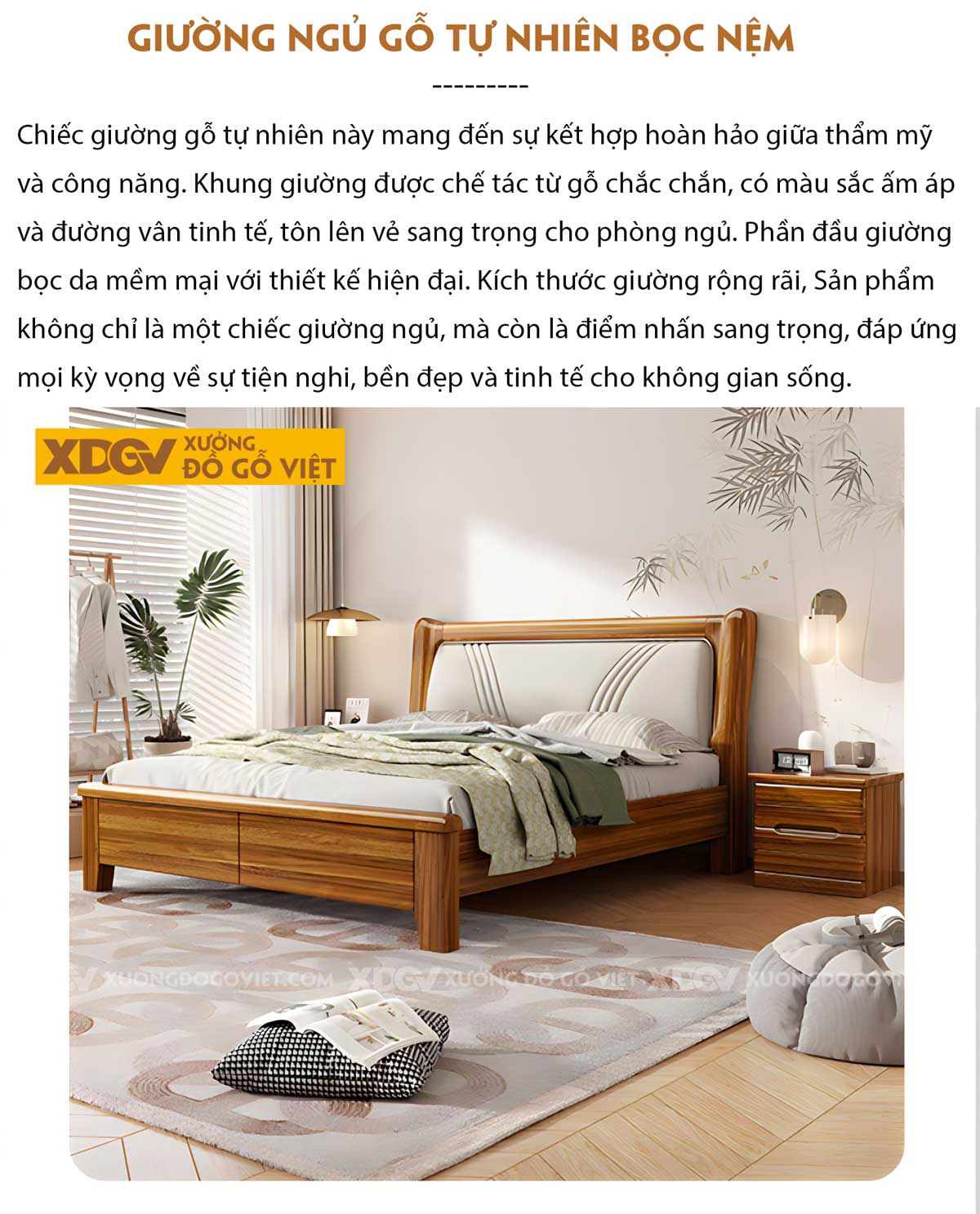 Giường Ngủ Gỗ Lim Đầu Bọc Nệm Chỉ Nổi Đối Xứng Sang Trọng