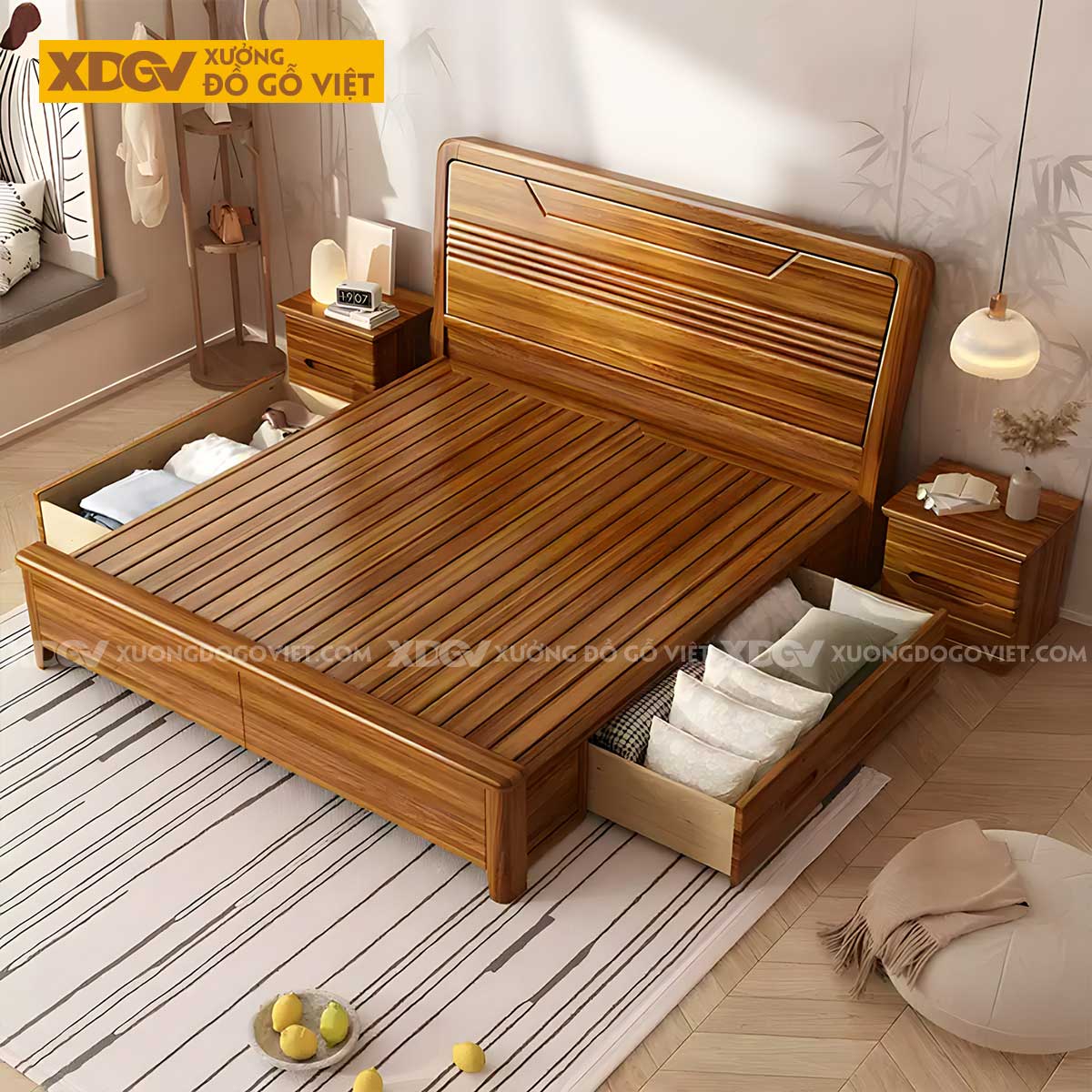 Giường Ngủ Gỗ Lim Tự Nhiên Dày Dặn Đầu Uốn Cong Kẻ Rãnh Đẹp