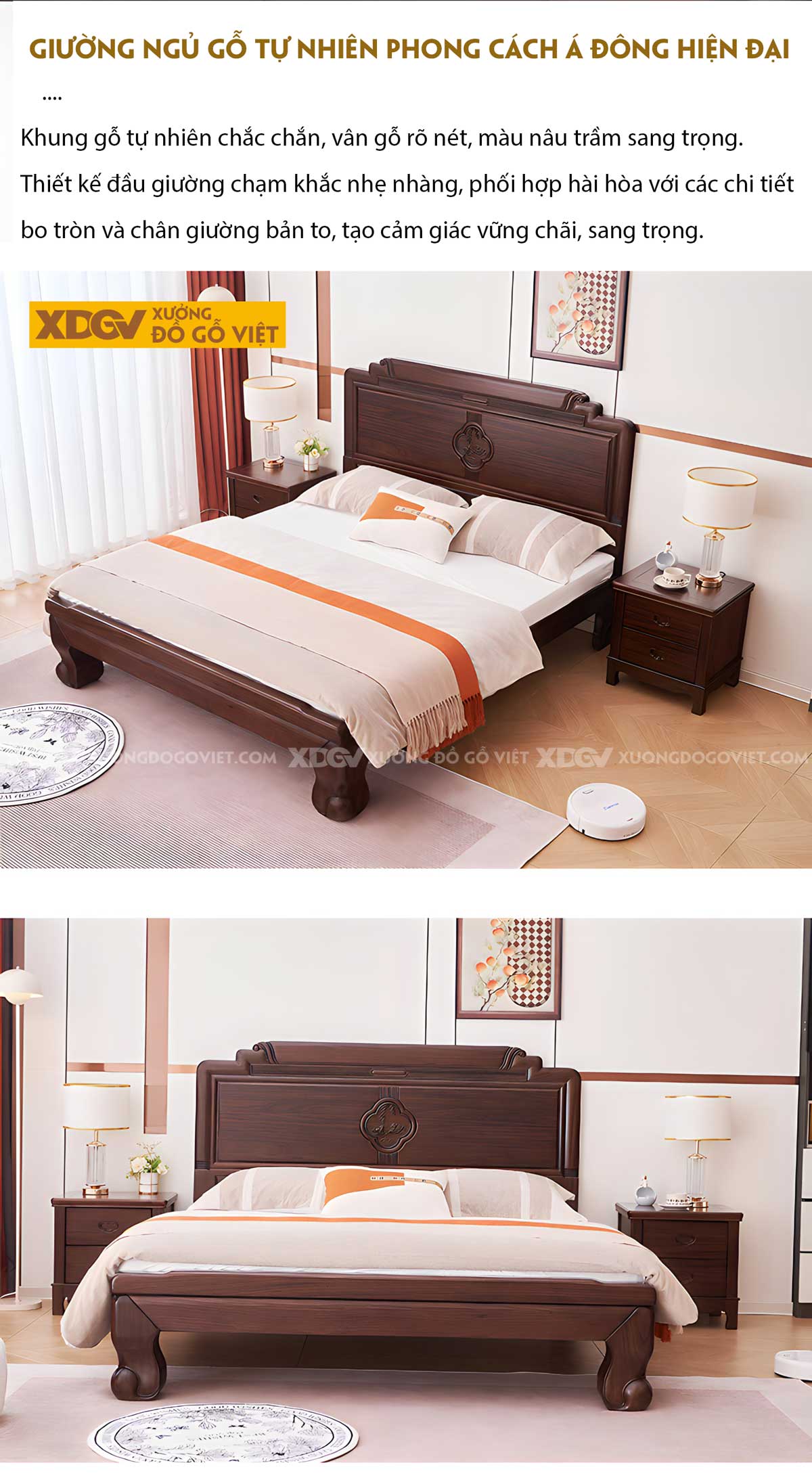 Giường Ngủ Gỗ Óc Chó Á Đông Họa Tiết Tinh Xảo Chân Hổ
