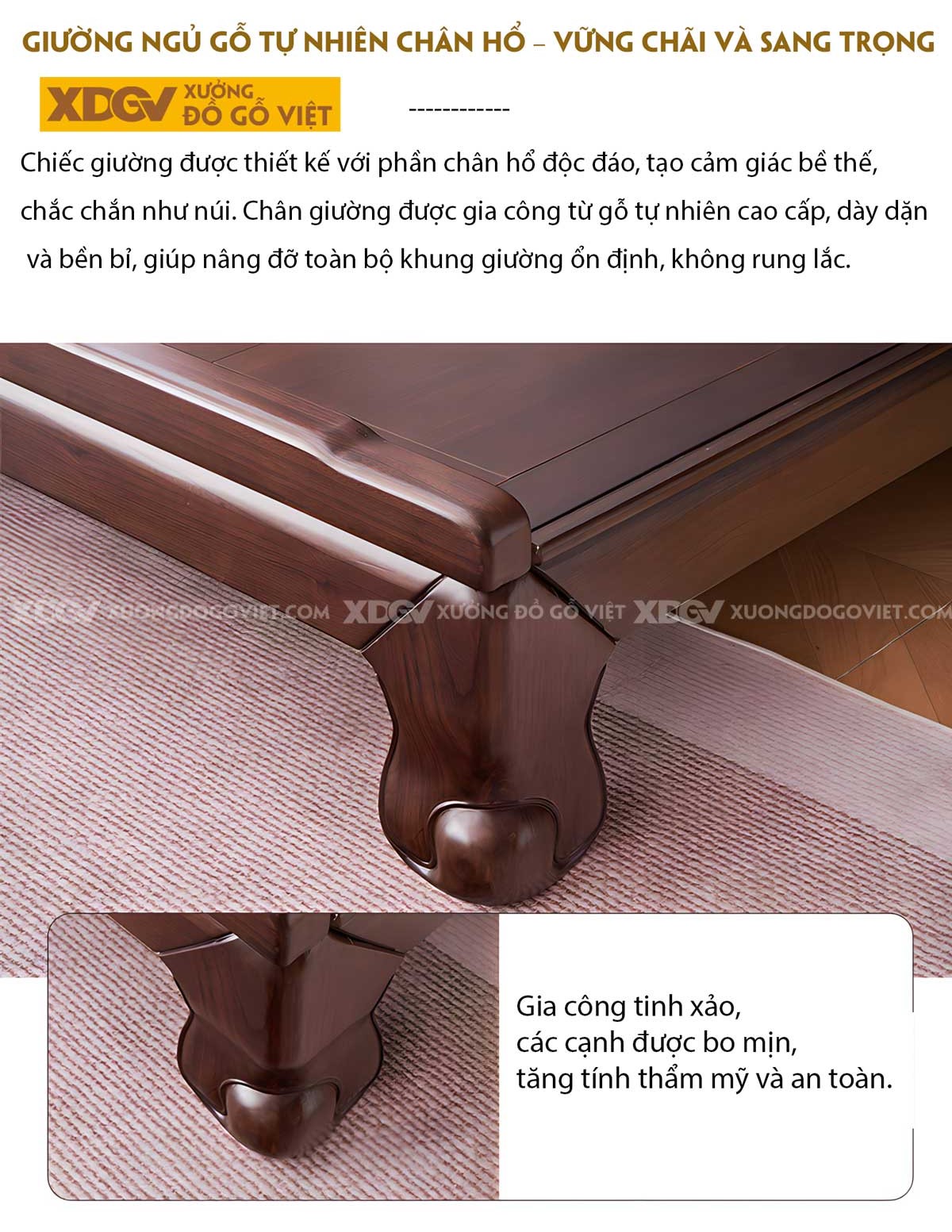 Giường Ngủ Gỗ Óc Chó Á Đông Họa Tiết Tinh Xảo Chân Hổ