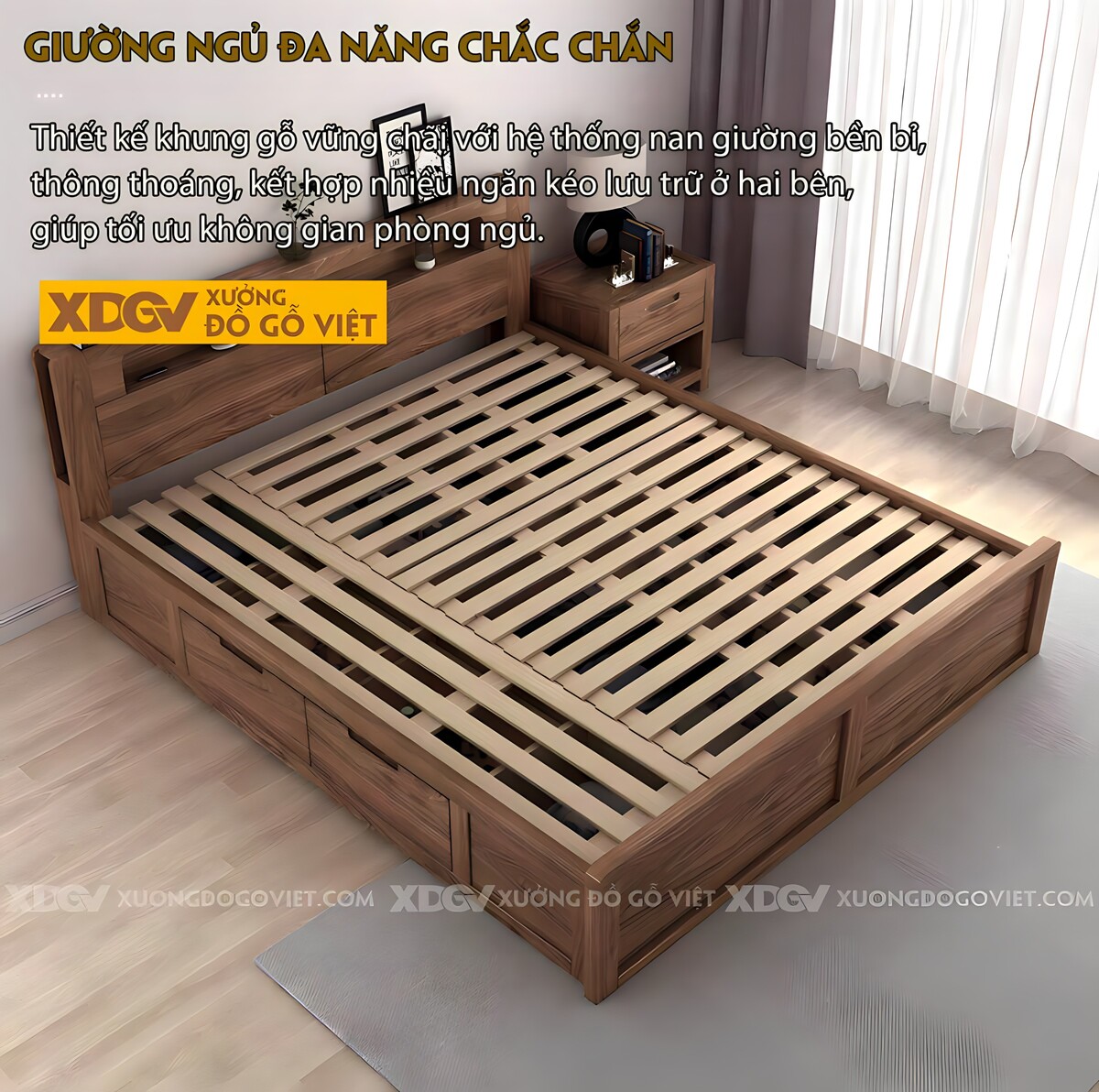 Giường Ngủ Gỗ Óc Chó Đa Năng Tích Hợp Kệ, Hộc Thêm Ngăn Kéo