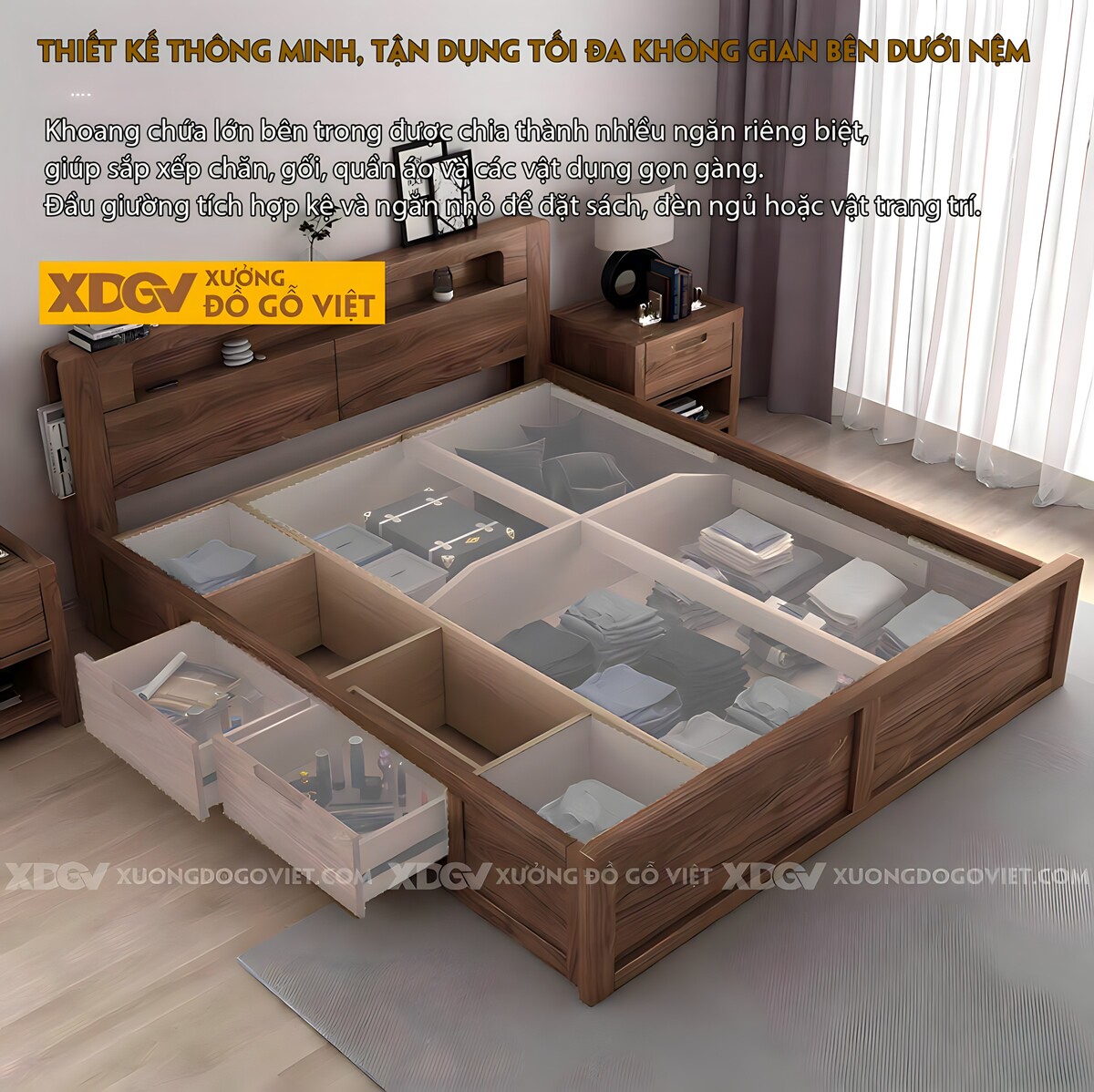 Giường Ngủ Gỗ Óc Chó Đa Năng Tích Hợp Kệ, Hộc Thêm Ngăn Kéo