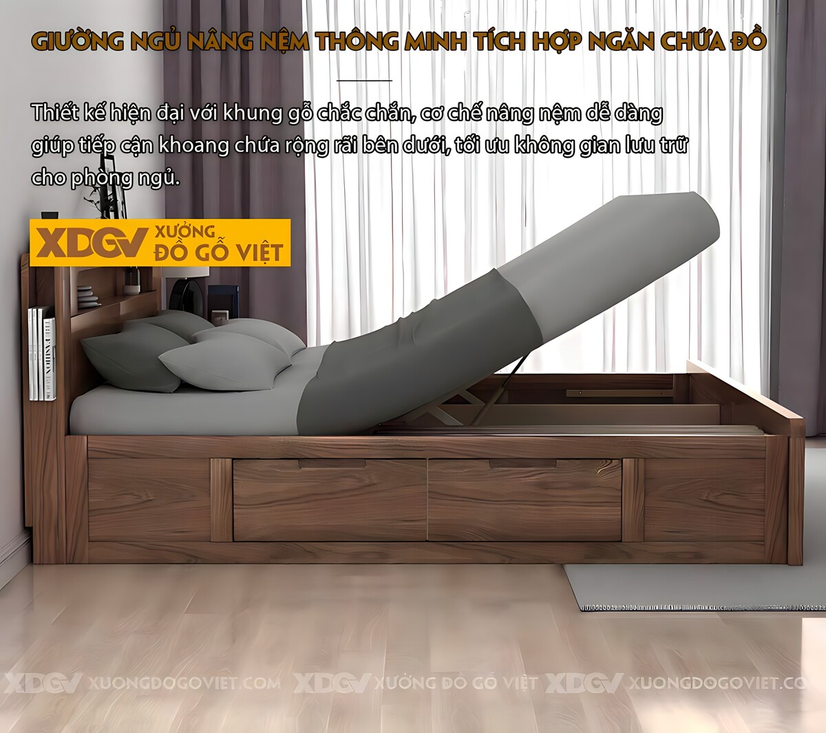 Giường Ngủ Gỗ Óc Chó Đa Năng Tích Hợp Kệ, Hộc Thêm Ngăn Kéo