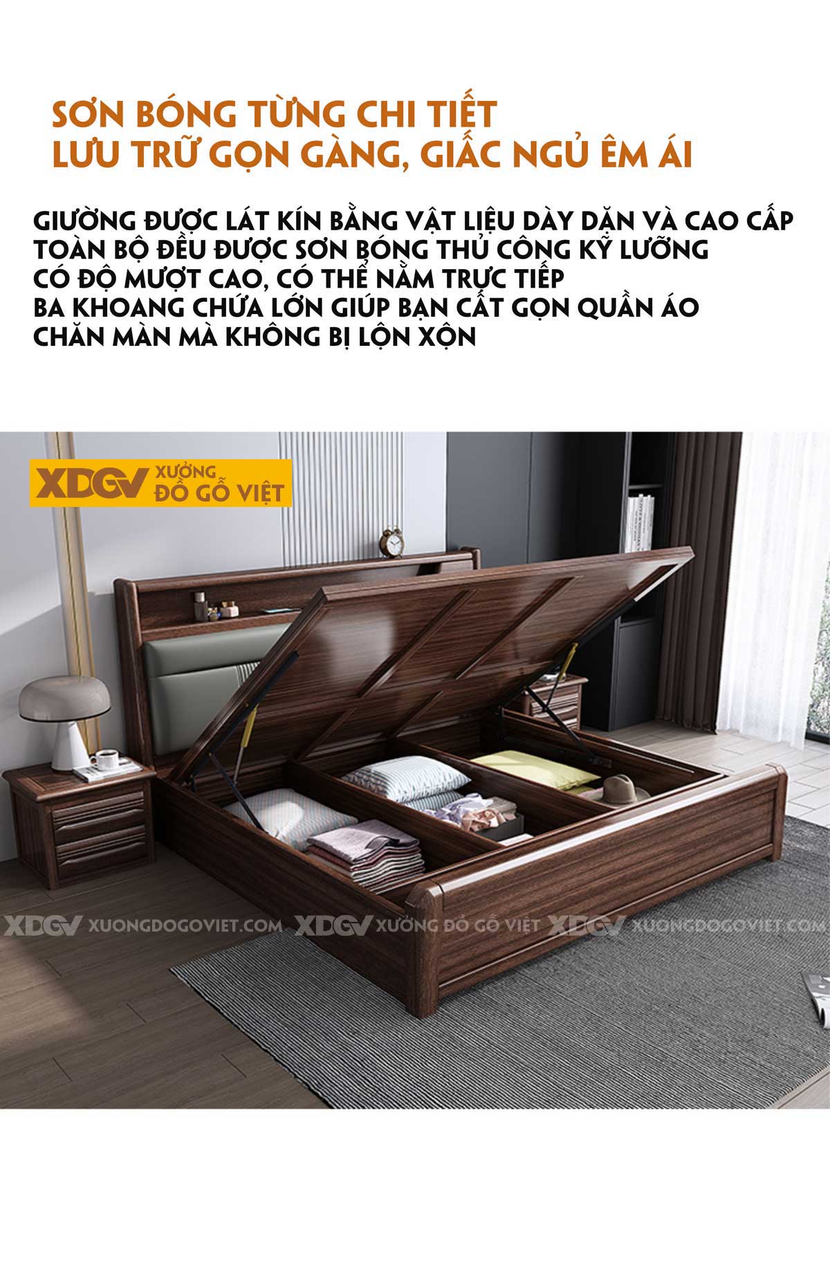 Giường Ngủ Gỗ Óc Chó Đầu Bọc Nệm Kẻ Chỉ Kèm Kệ Trang Trí