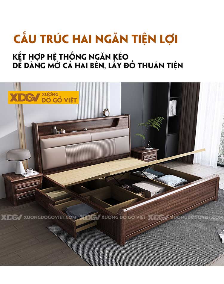 Giường Ngủ Gỗ Óc Chó Đầu Bọc Nệm Kẻ Chỉ Kèm Kệ Trang Trí