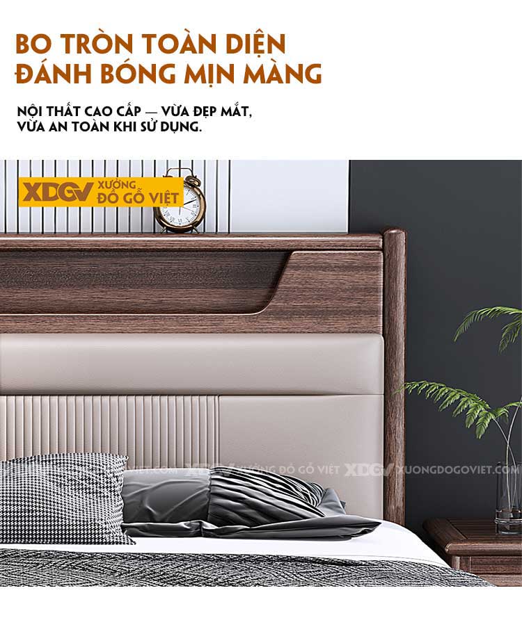 Giường Ngủ Gỗ Óc Chó Đầu Bọc Nệm Kẻ Chỉ Kèm Kệ Trang Trí