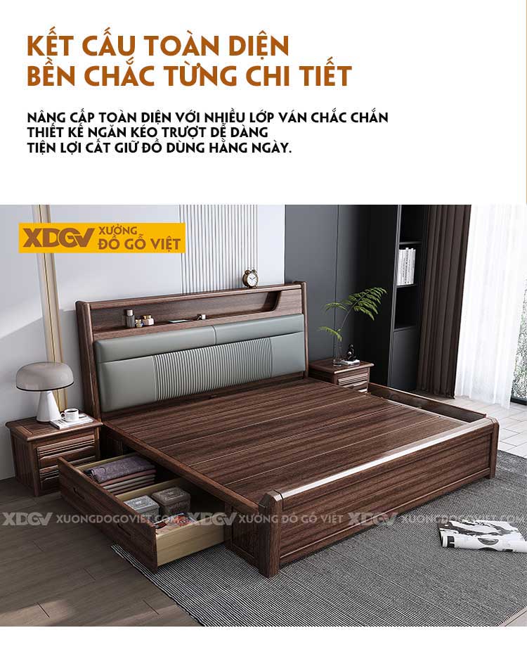 Giường Ngủ Gỗ Óc Chó Đầu Bọc Nệm Kẻ Chỉ Kèm Kệ Trang Trí
