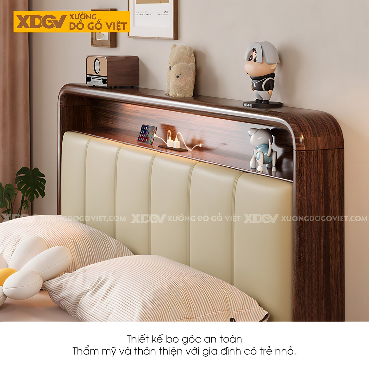 Giường Ngủ Gỗ Óc Chó Đuôi Hệ Ngăn Kéo Đầu Bọc Nệm Có Kệ