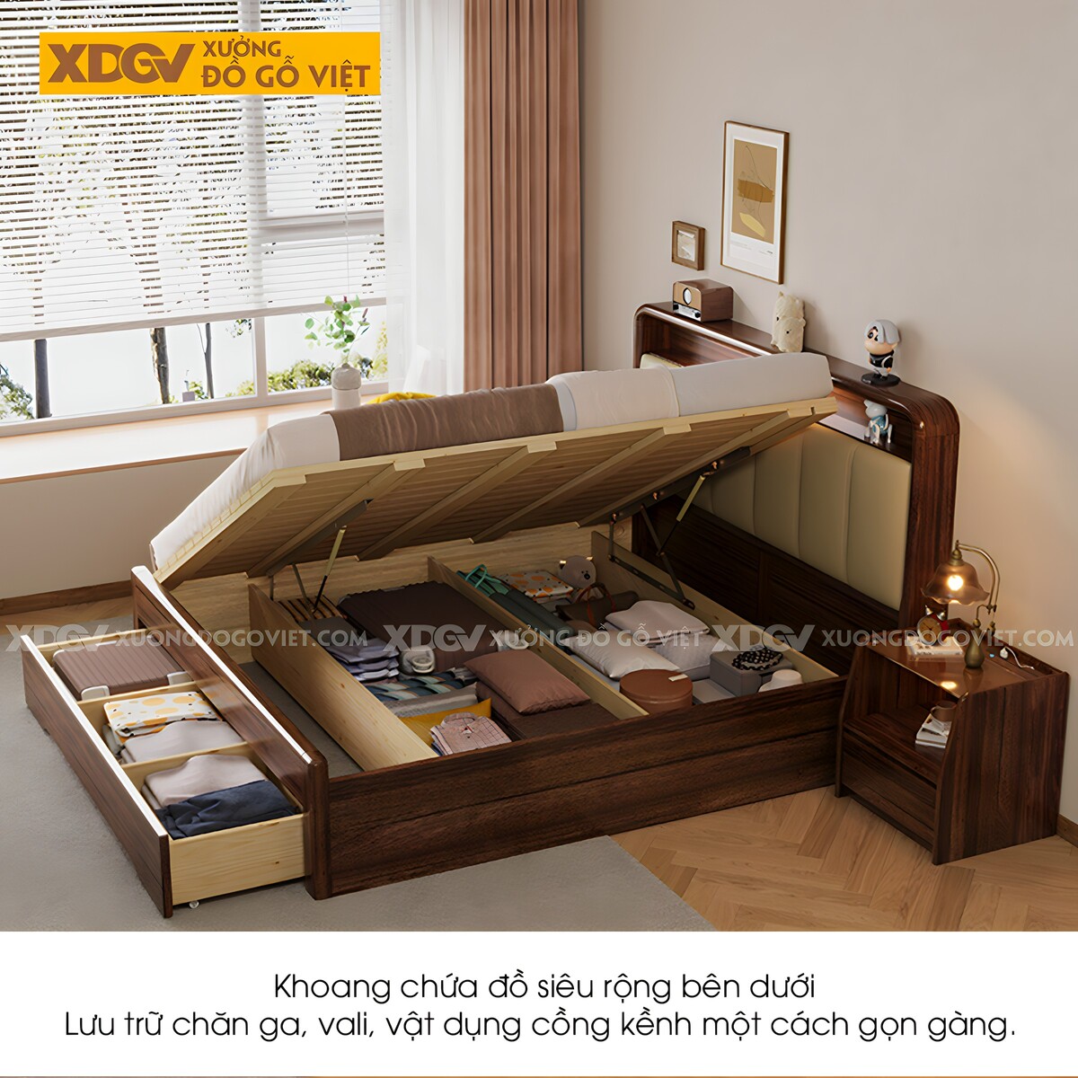 Giường Ngủ Gỗ Óc Chó Đuôi Hệ Ngăn Kéo Đầu Bọc Nệm Có Kệ