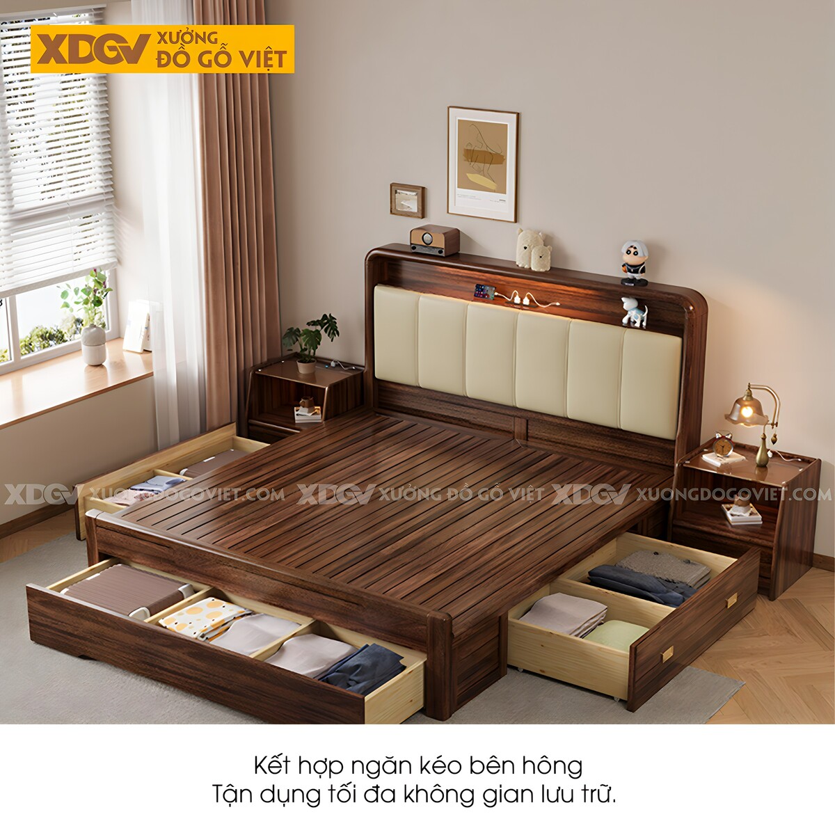 Giường Ngủ Gỗ Óc Chó Đuôi Hệ Ngăn Kéo Đầu Bọc Nệm Có Kệ
