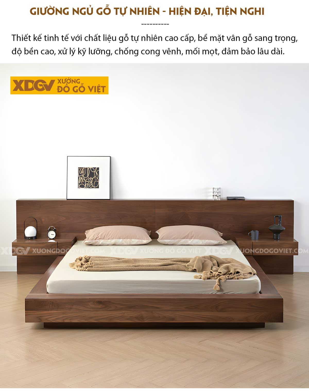 Giường Ngủ Gỗ Óc Chó Giấu Chân Đầu Liền Mạch Đa Năng