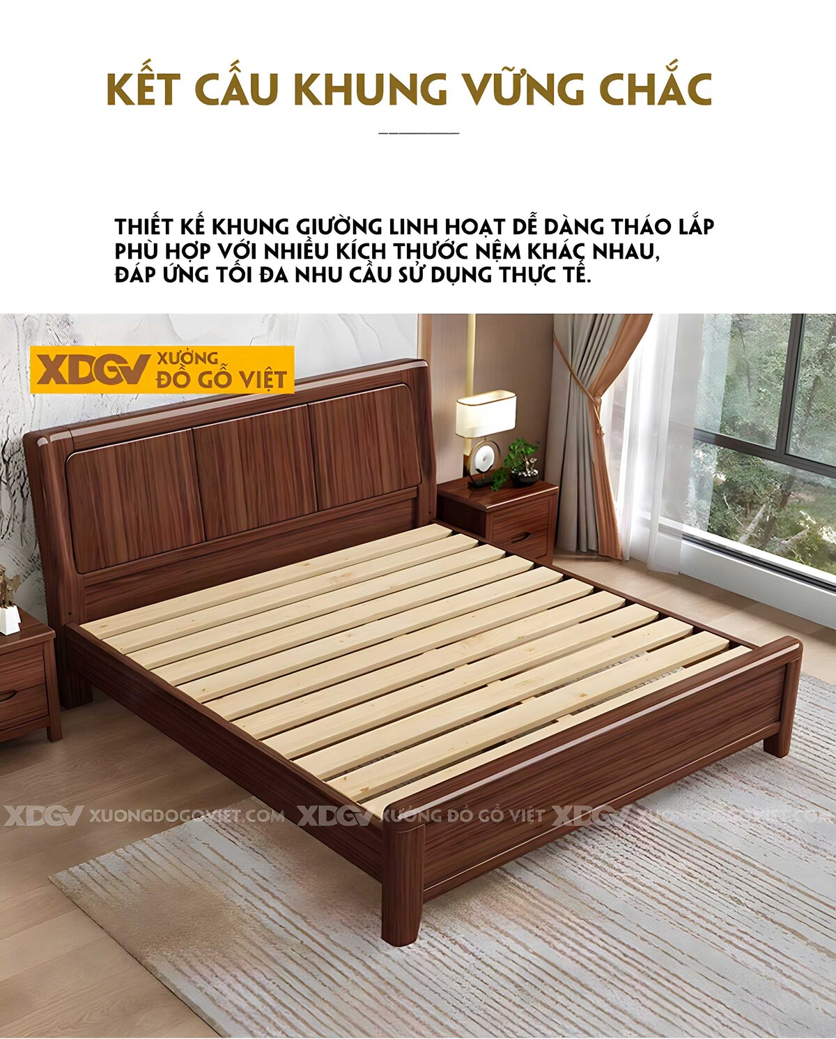 Giường Ngủ Gỗ Óc Chó Hiện Đại Đa Năng Đầu Kẻ Chỉ Dọc Bo Tròn