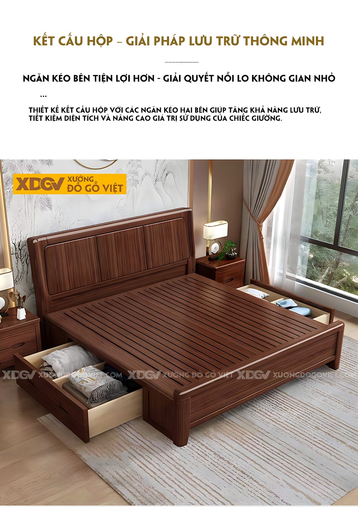 Giường Ngủ Gỗ Óc Chó Hiện Đại Đa Năng Đầu Kẻ Chỉ Dọc Bo Tròn