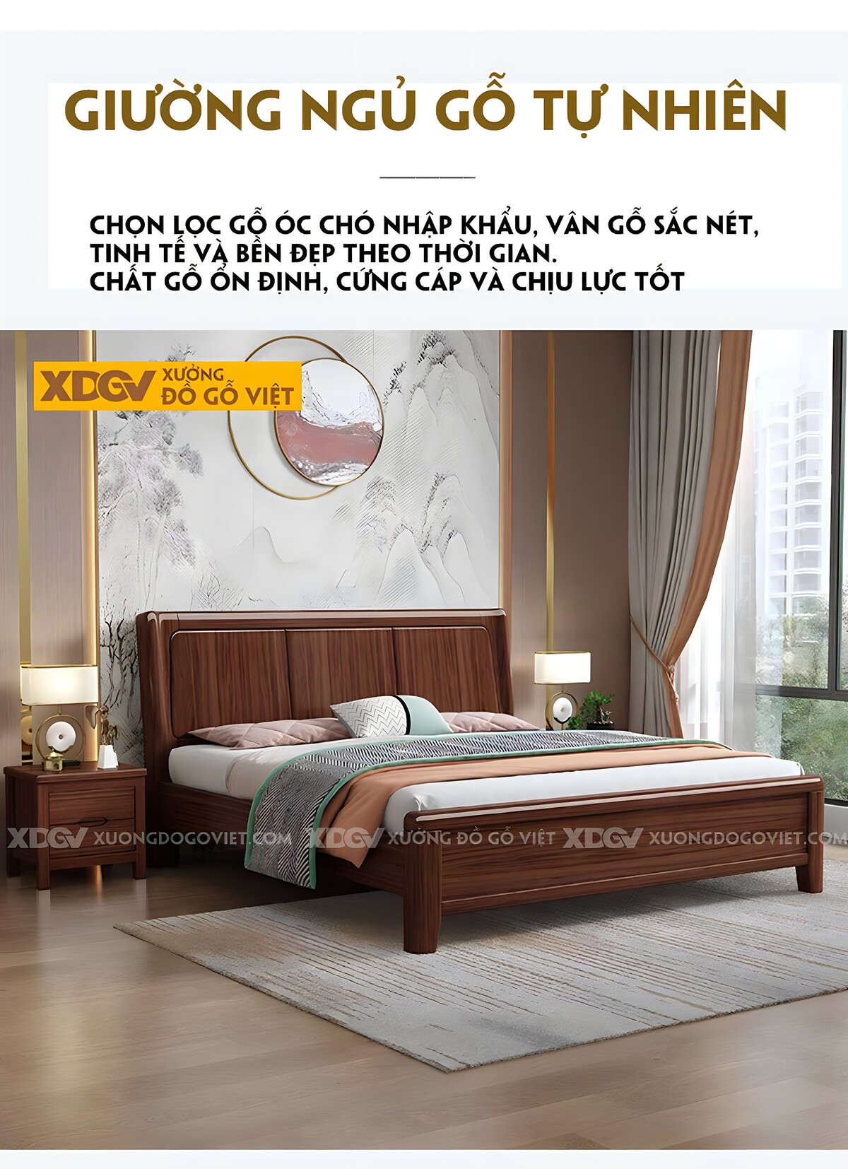 Giường Ngủ Gỗ Óc Chó Hiện Đại Đa Năng Đầu Kẻ Chỉ Dọc Bo Tròn