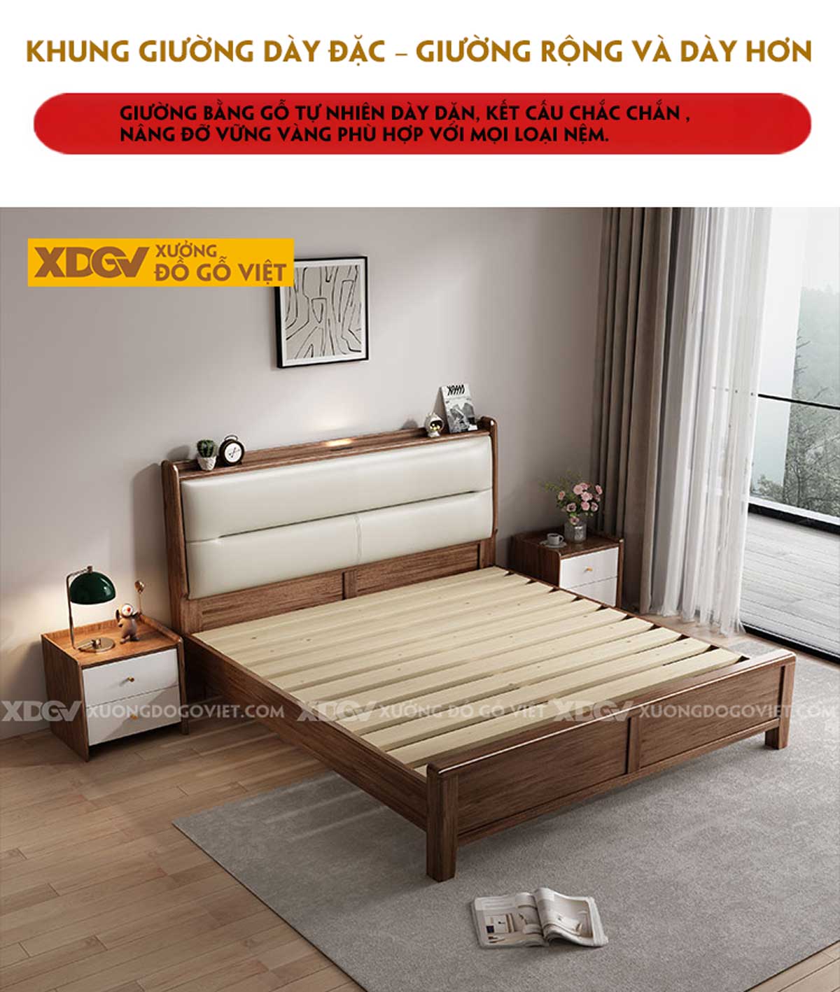 Giường Ngủ Gỗ Óc Chó Hiện Đại Đầu Bọc Nệm Trắng Phân Tầng