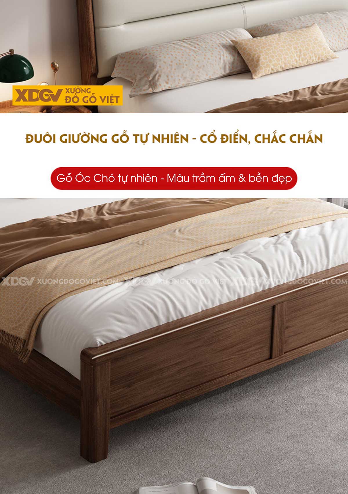 Giường Ngủ Gỗ Óc Chó Hiện Đại Đầu Bọc Nệm Trắng Phân Tầng