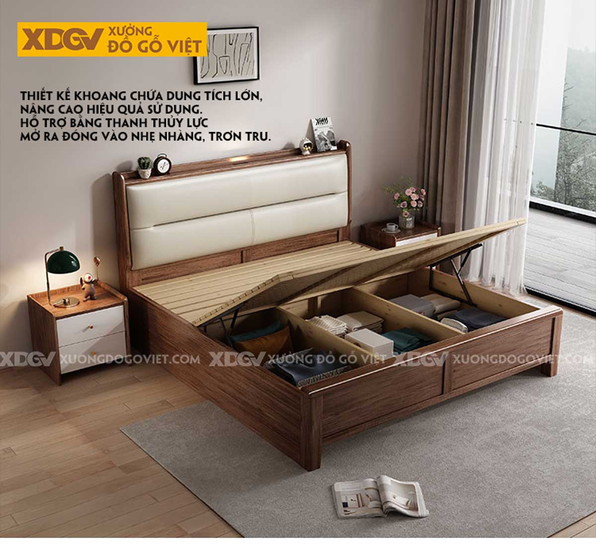 Giường Ngủ Gỗ Óc Chó Hiện Đại Đầu Bọc Nệm Trắng Phân Tầng