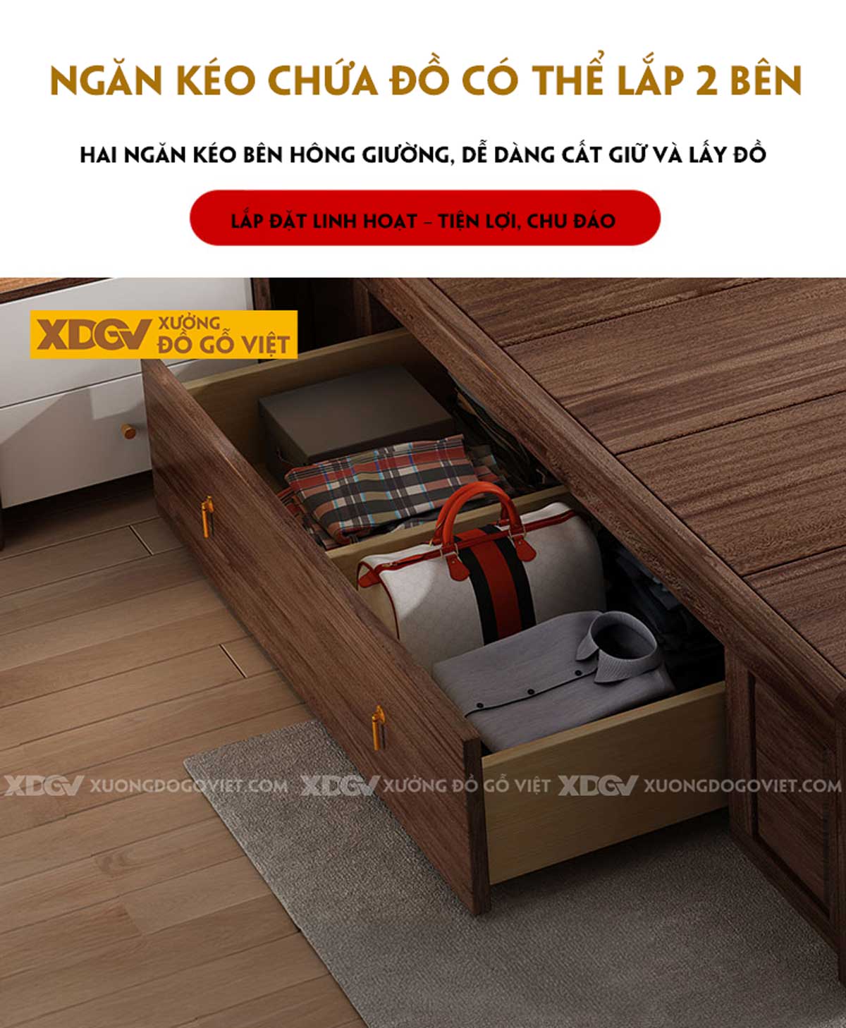Giường Ngủ Gỗ Óc Chó Hiện Đại Đầu Bọc Nệm Trắng Phân Tầng