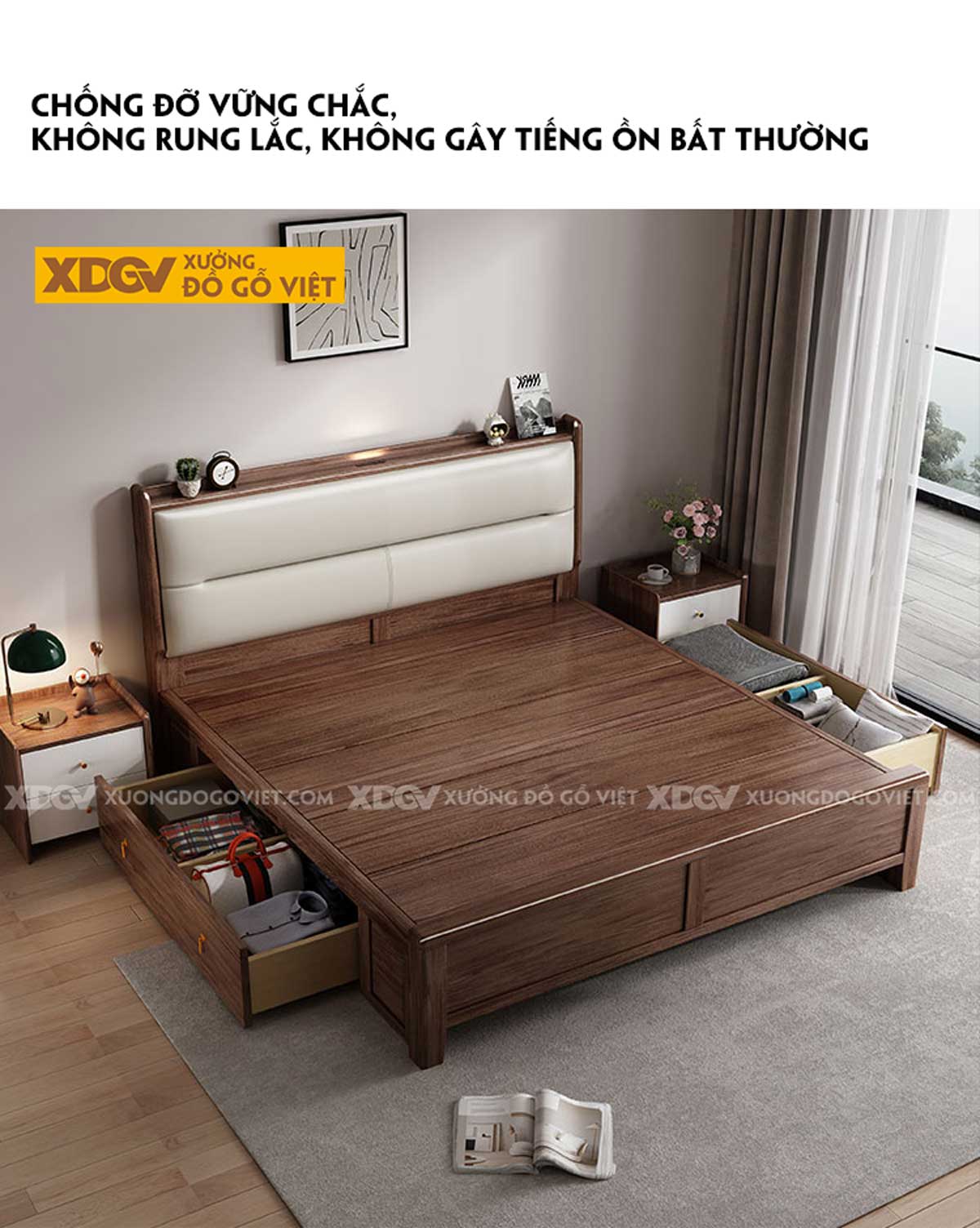 Giường Ngủ Gỗ Óc Chó Hiện Đại Đầu Bọc Nệm Trắng Phân Tầng