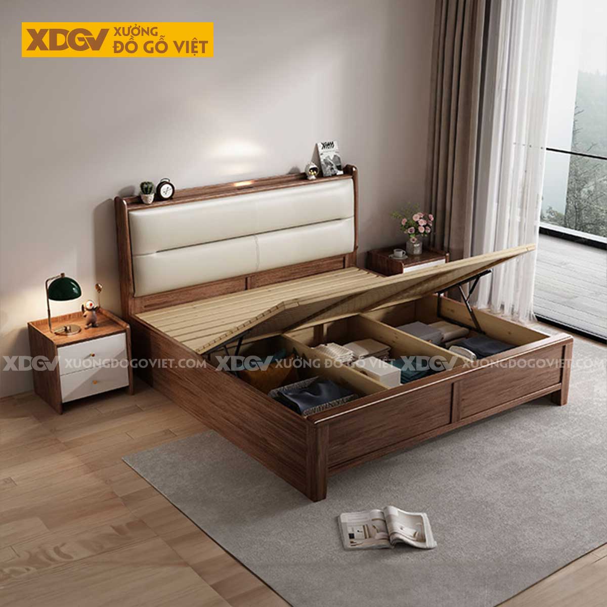 Giường Ngủ Gỗ Óc Chó Hiện Đại Đầu Bọc Nệm Trắng Phân Tầng