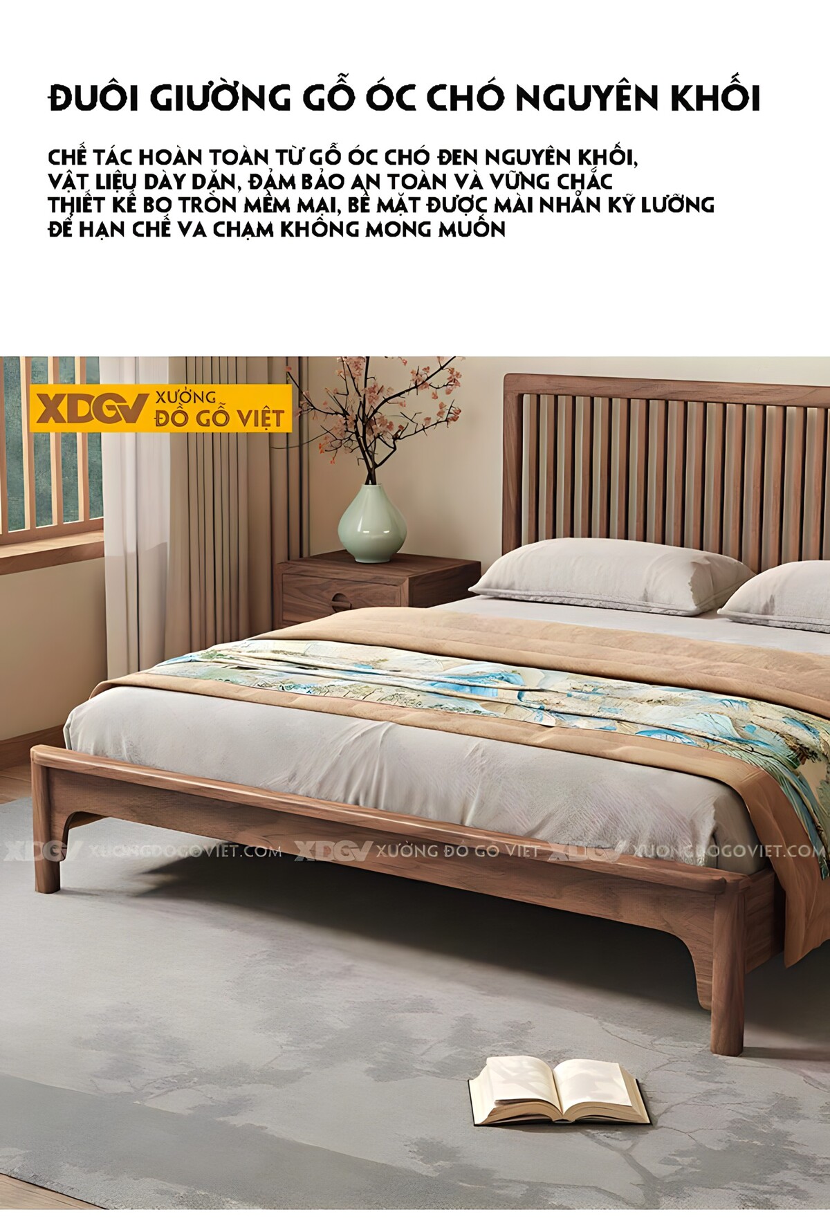 Giường Ngủ Gỗ Óc Chó Japandi Đầu Thanh Nan Đan Xen Mềm Mại