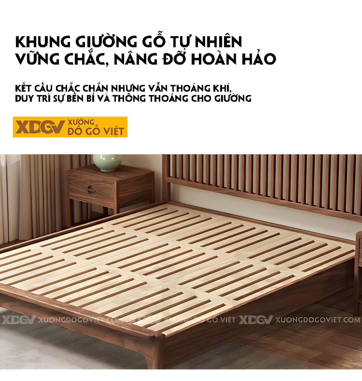 Giường Ngủ Gỗ Óc Chó Japandi Đầu Thanh Nan Đan Xen Mềm Mại