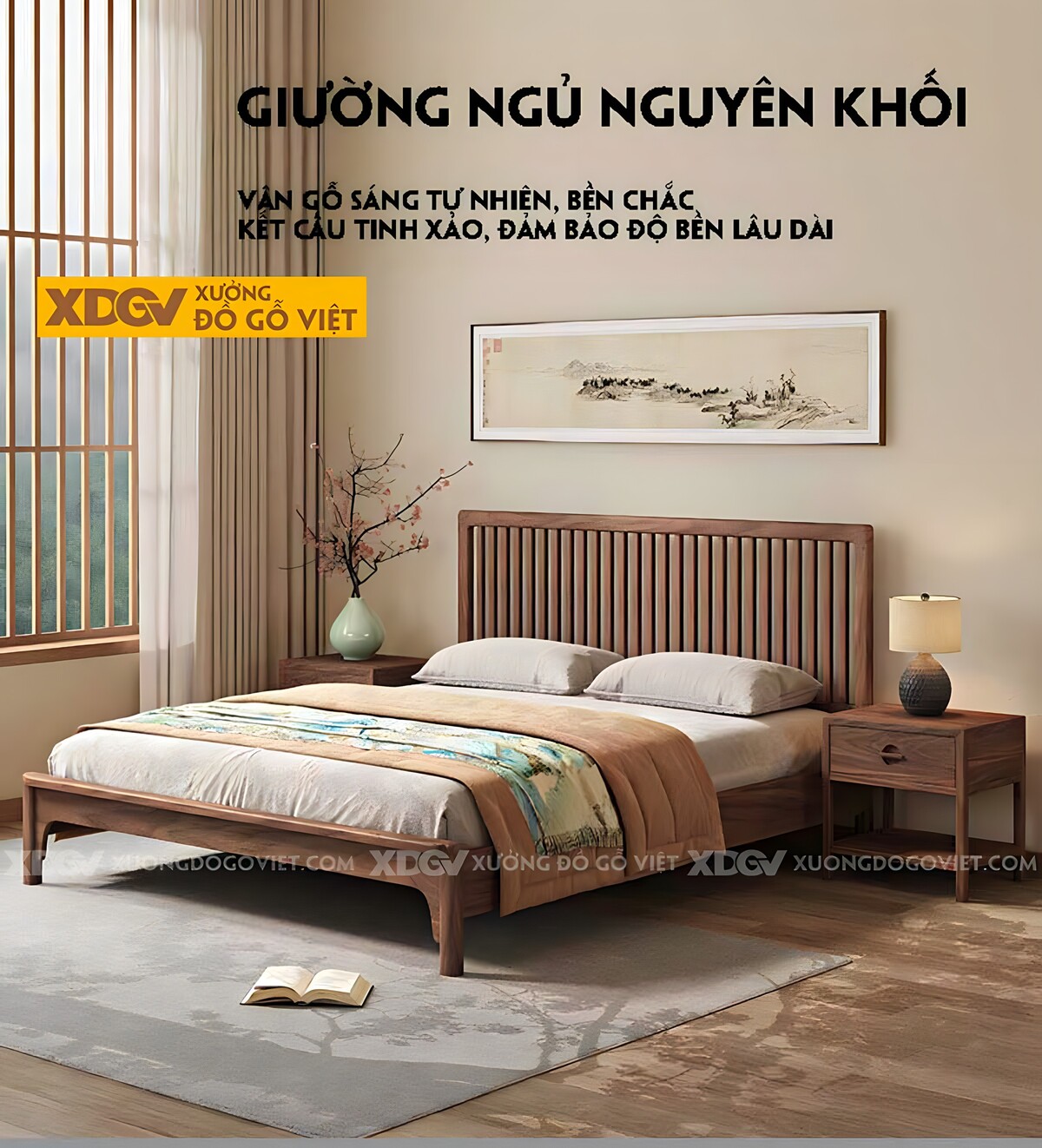 Giường Ngủ Gỗ Óc Chó Japandi Đầu Thanh Nan Đan Xen Mềm Mại