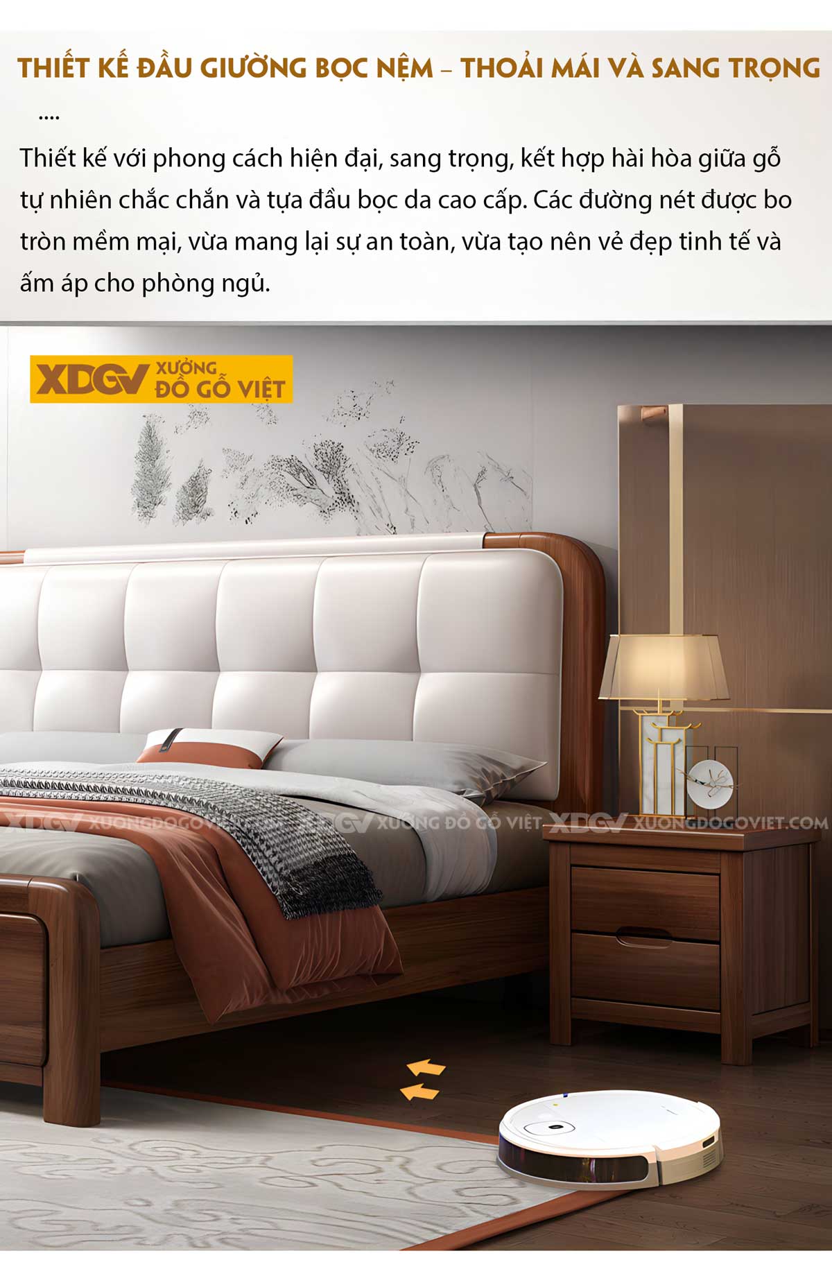 Giường Ngủ Gỗ Óc Chó Tự Nhiên Đầu Bọc Nệm Trắng Sang Trọng